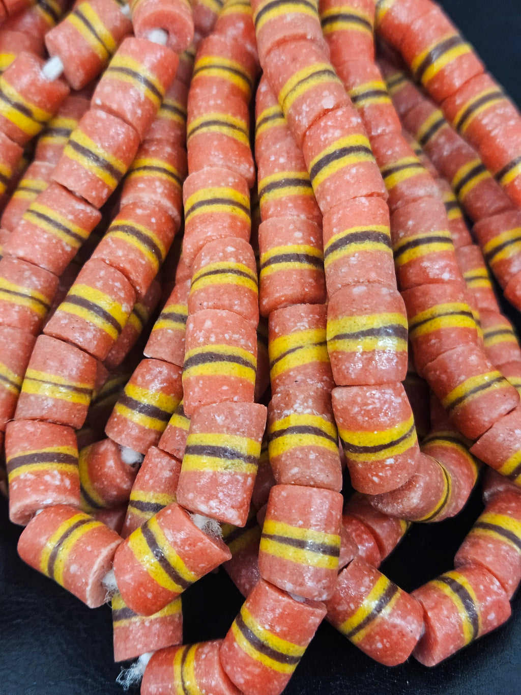 Orange Striped Krobo Kente Glass Beads | Handcrafted Powdered Glass Beads from Ghana | Approx. 17 Beads