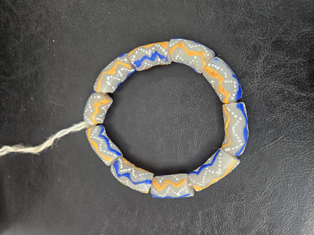 African Glass Beads – Painted Krobo Long Tubes, Gray Blue & Gold