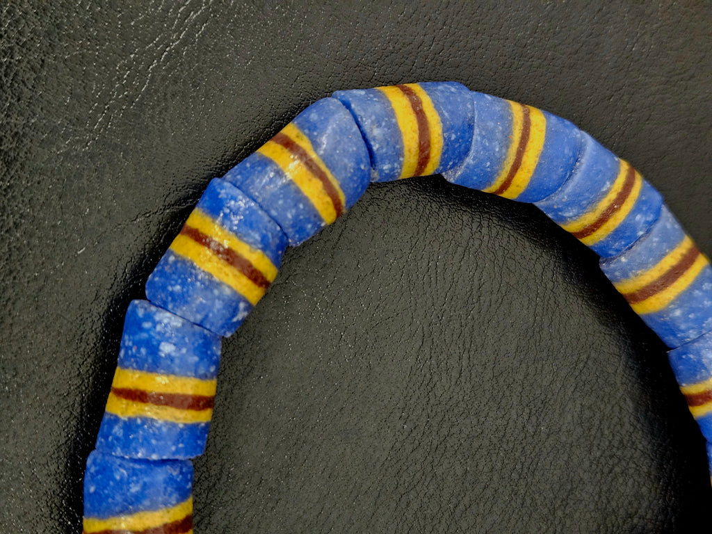 Blue Striped Krobo Kente Glass Beads | Handcrafted Powdered Glass Beads from Ghana | Approx. 17 Beads