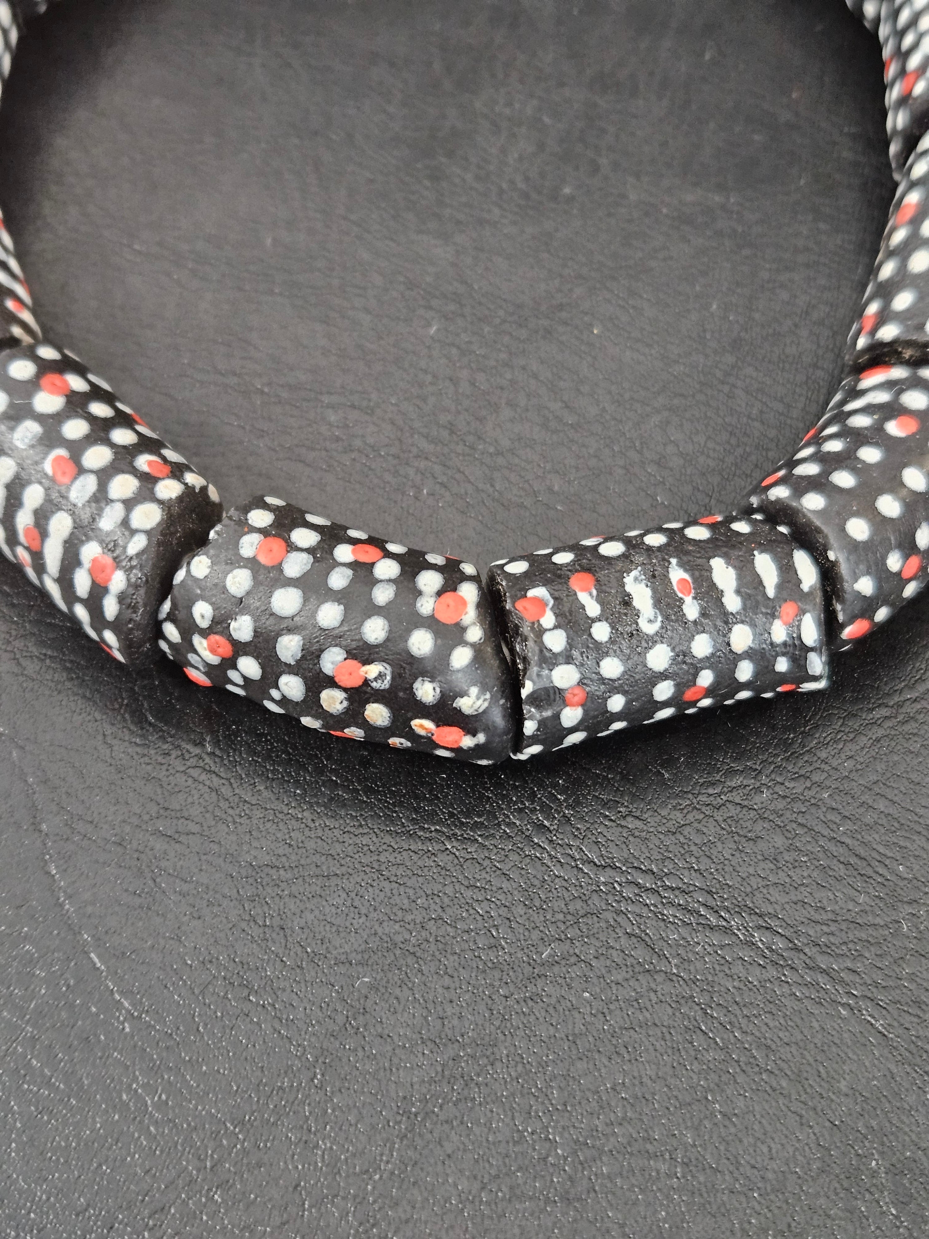 Painted Krobo Glass Beads | Black Red & White Polka Dot Long Tube Beads | Handcrafted Ghana Recycled Glass Beads