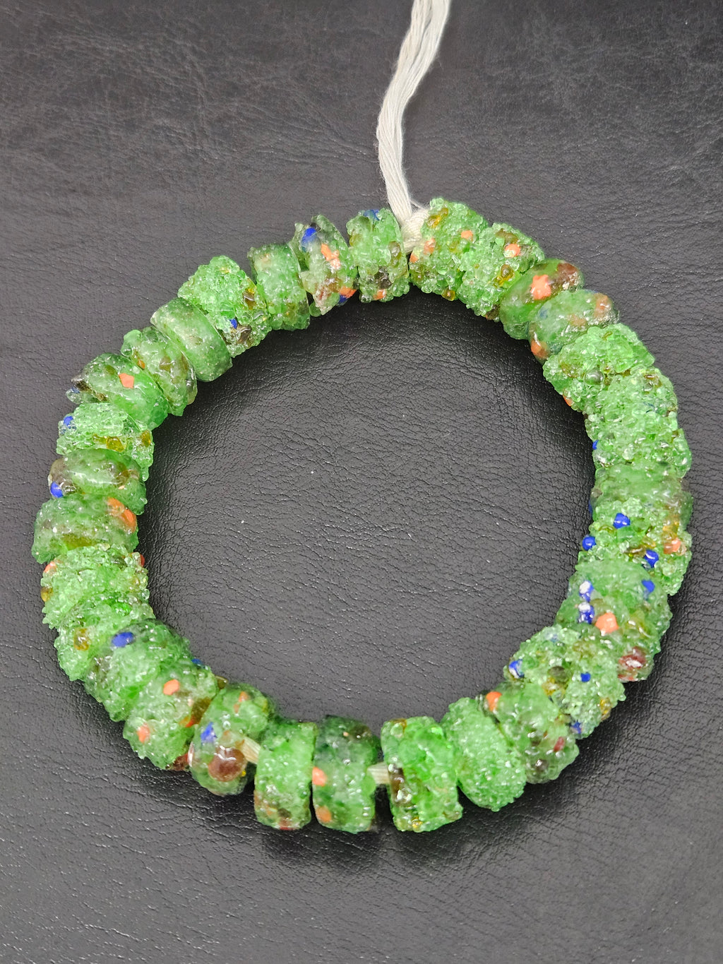Green Confetti Krobo Sugar Glass Short Tube Beads | Handcrafted Recycled Glass Beads from Ghana | Approx. 32 Beads Per Strand