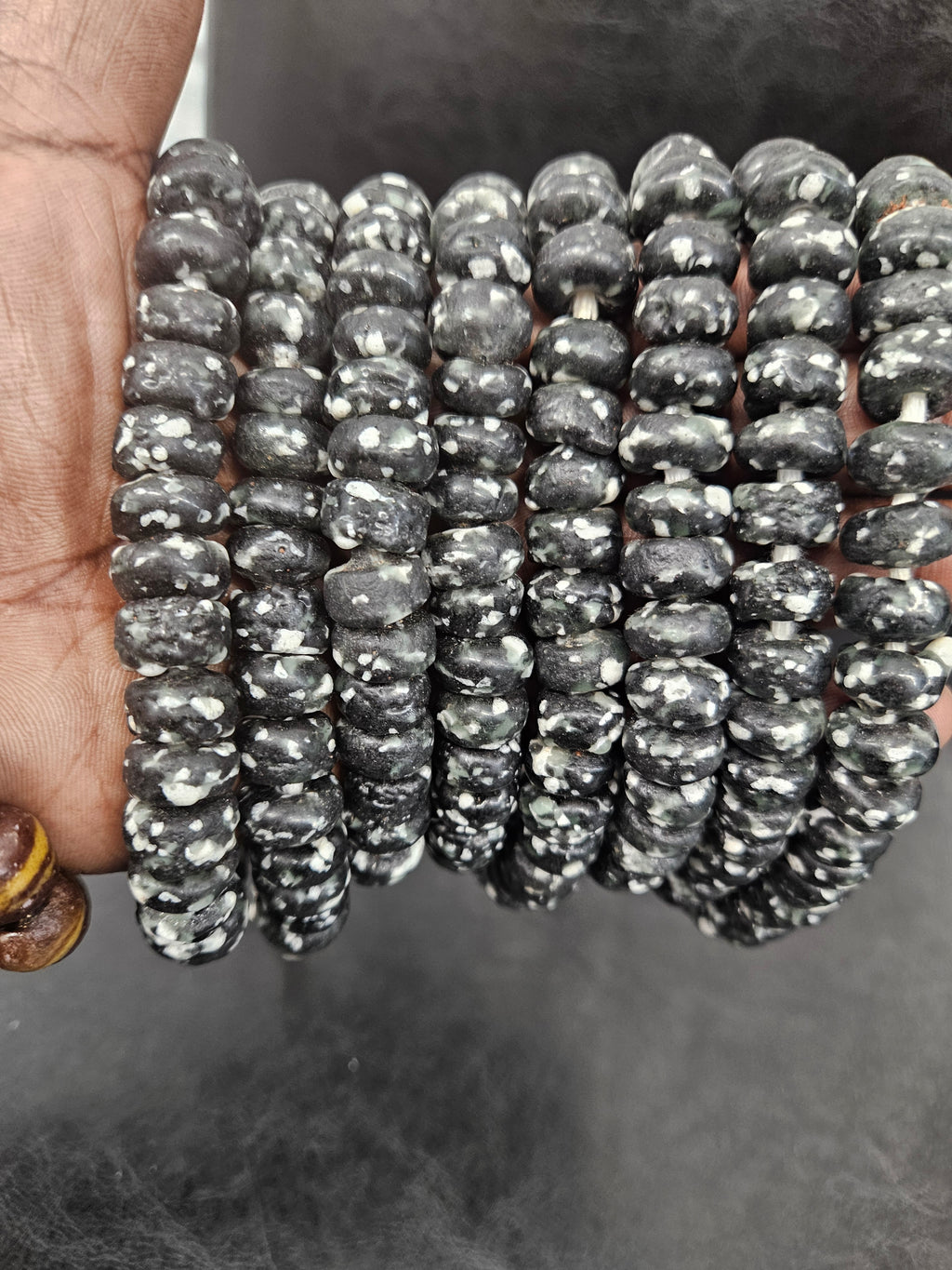 Black Speckled Krobo Powdered Glass Short Tube Beads | 7–9 × 13–14mm | Ghana | Approx. 32–33 Beads