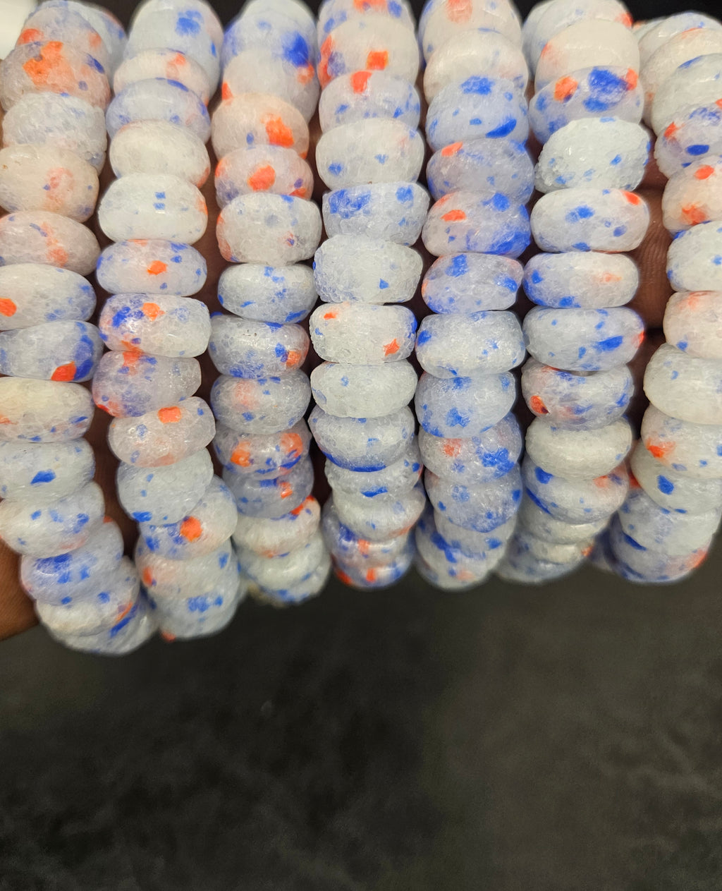White Blue & Coral Speckled Krobo Powder Glass Beads – African Recycled Glass Short Tube Beads for Jewelry Making