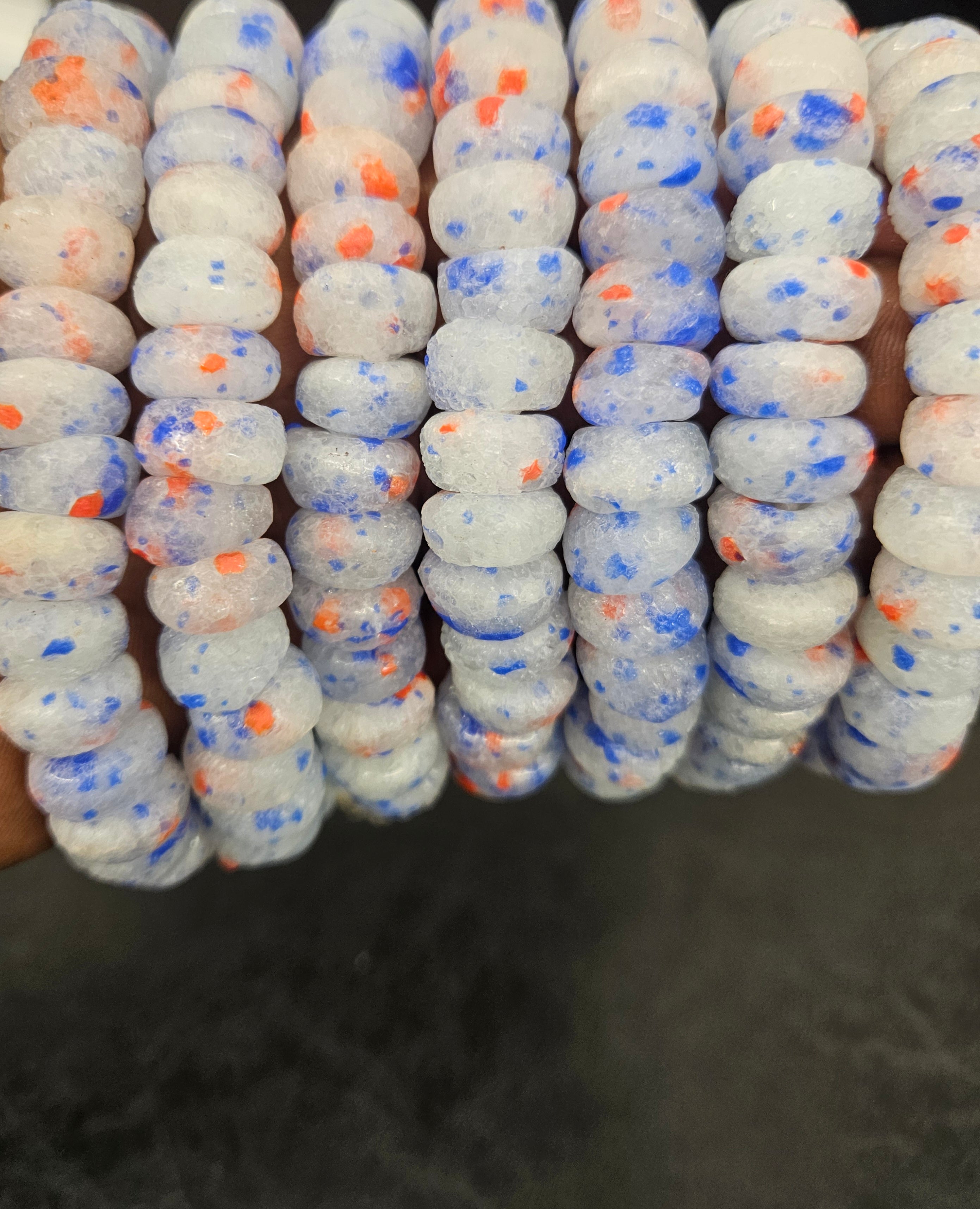 White Blue & Coral Speckled Krobo Powder Glass Beads – African Recycled Glass Short Tube Beads for Jewelry Making