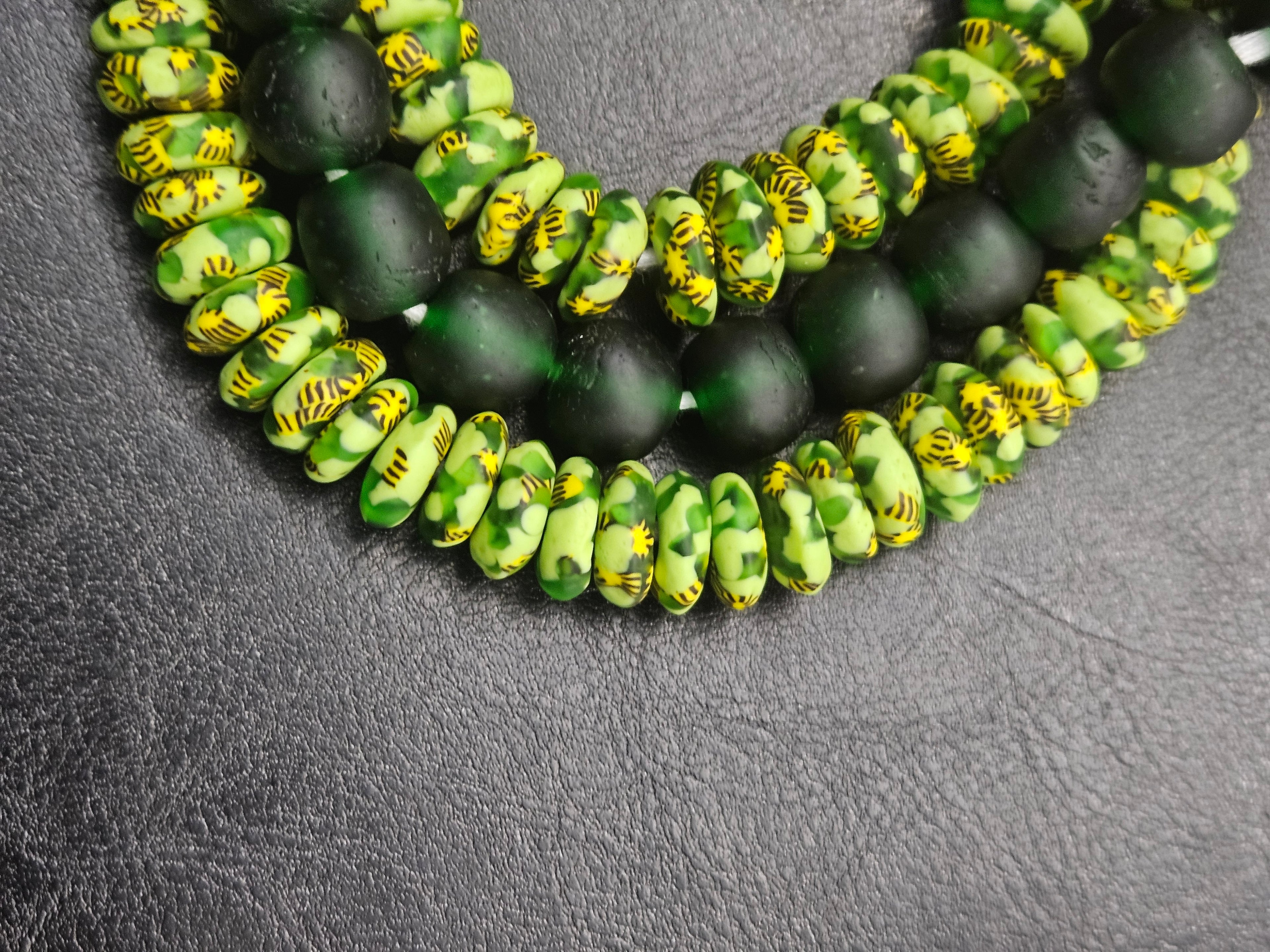 Lime Green Hand-Painted Krobo Rondelle Glass Beads & Emerald Green Pocket Glass Beads | Handmade in Ghana