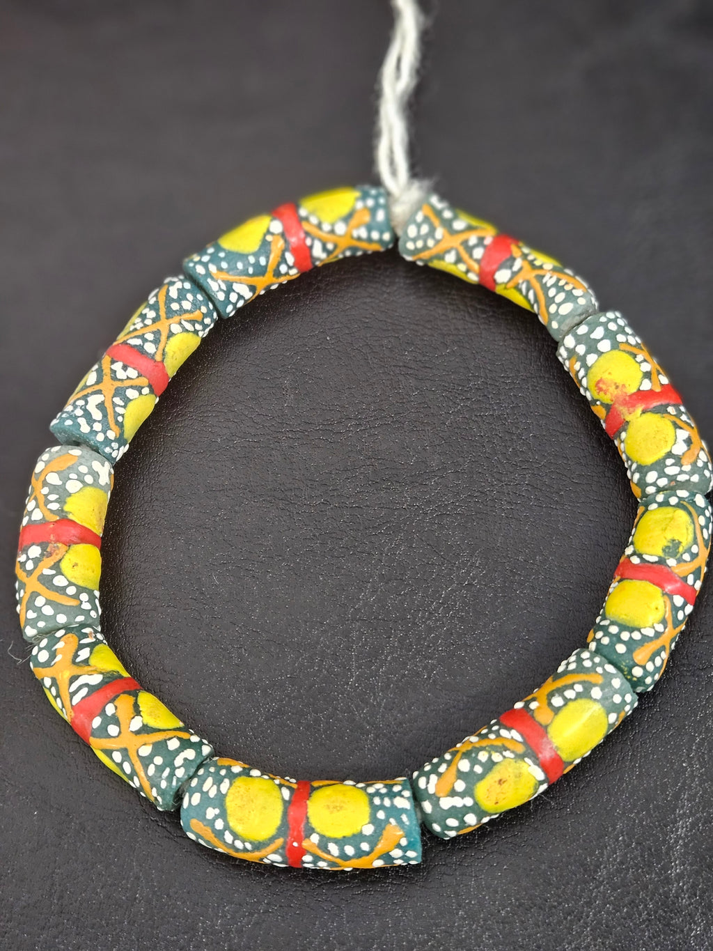Olive Green Krobo Painted Glass Tube Beads with Golden Yellow Medallions & Terracotta Geometric Motifs