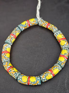 Olive Green Krobo Painted Glass Tube Beads with Golden Yellow Medallions & Terracotta Geometric Motifs
