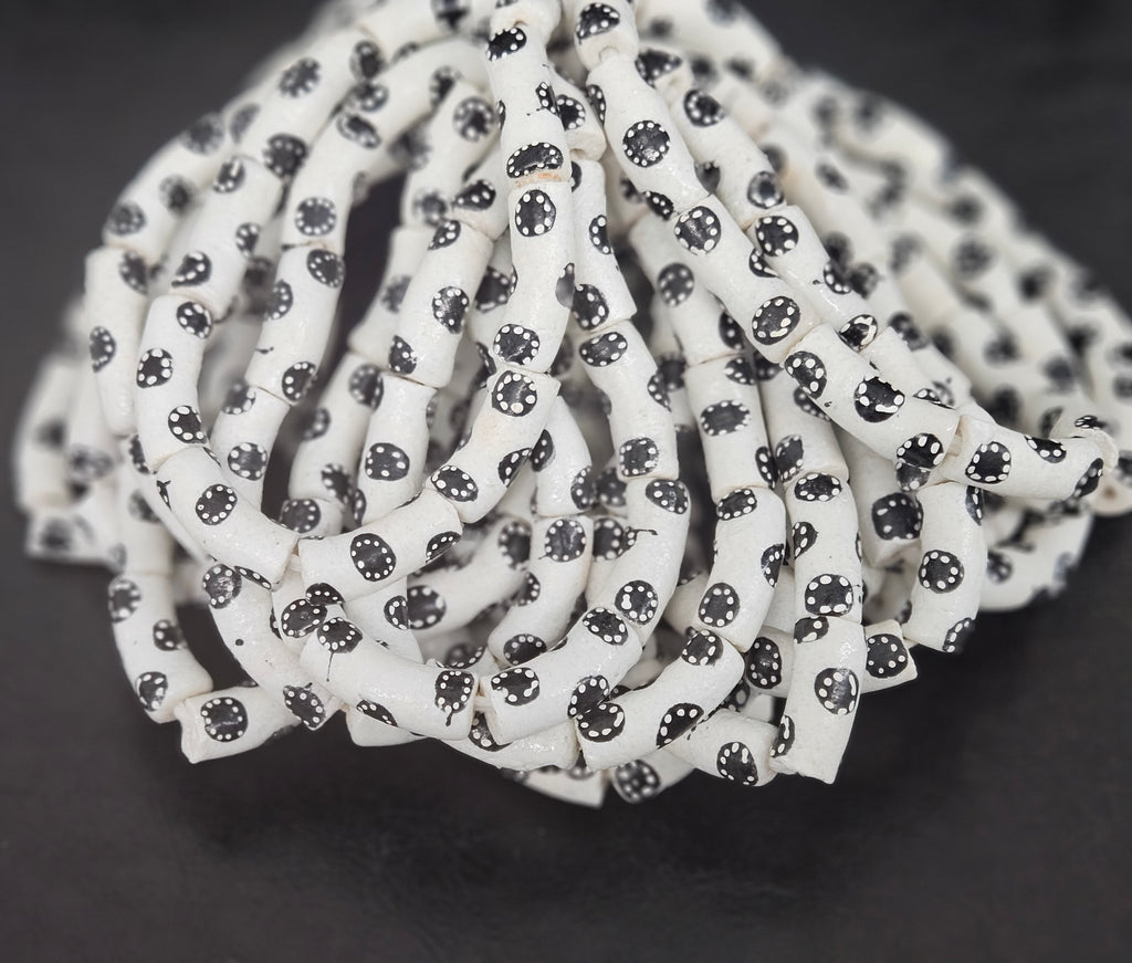 Ivory White Krobo Painted Glass Tube Beads with Ebony Black Medallion Motifs