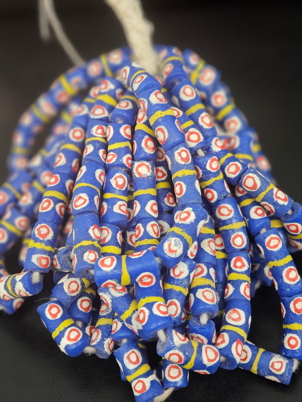 Royal Blue Krobo Painted Glass Tube Beads with Hand-Painted Eye Motifs | Ghana Recycled Glass Beads