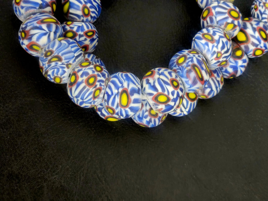 Sky Blue Eye Motif African Trade Beads Sourced in Ghana | Large-Hole Recycled Glass Trade Beads | 15–16mm Designer & Collector Strand