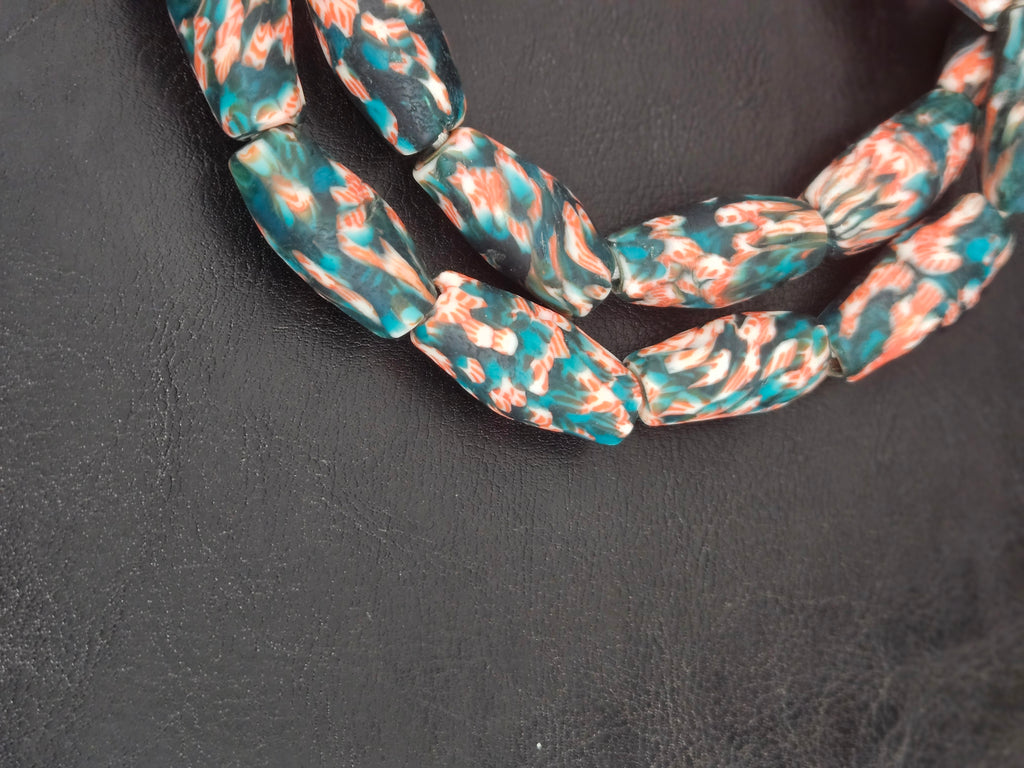 XL Teal & Coral Fused Krobo Recycled Glass Beads | Handmade Ghana Statement Beads