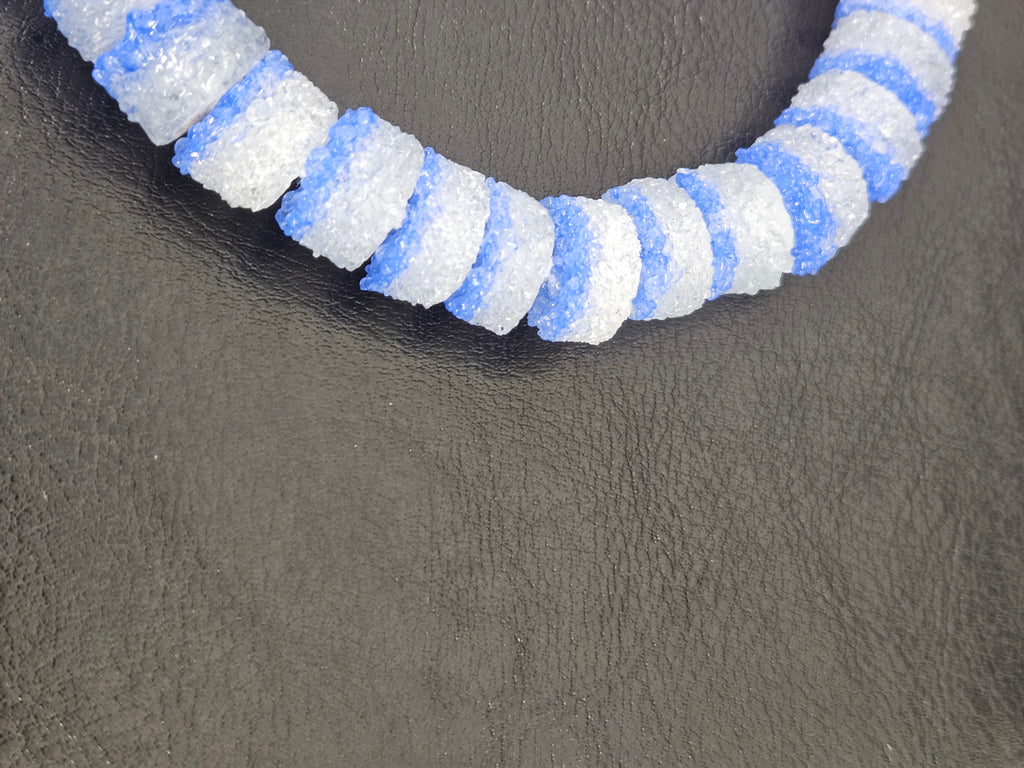 Blue & White Krobo Sugar Glass Short Tube Beads | Handcrafted Recycled Glass Beads from Ghana | Approx. 32 Beads Per Strand