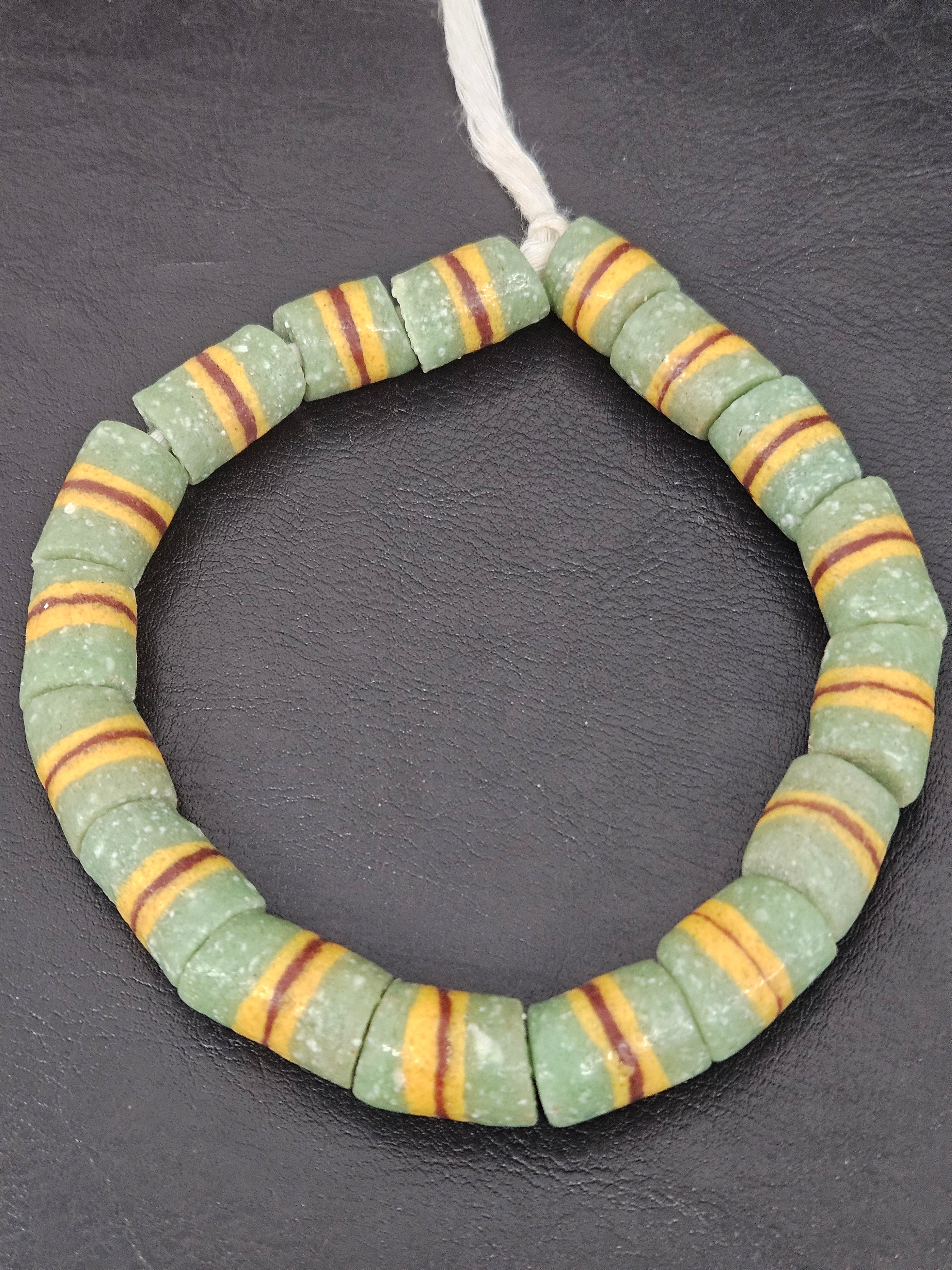Green Striped Krobo Kente Glass Beads | Handcrafted Powdered Glass Beads from Ghana | Approx. 17 Beads