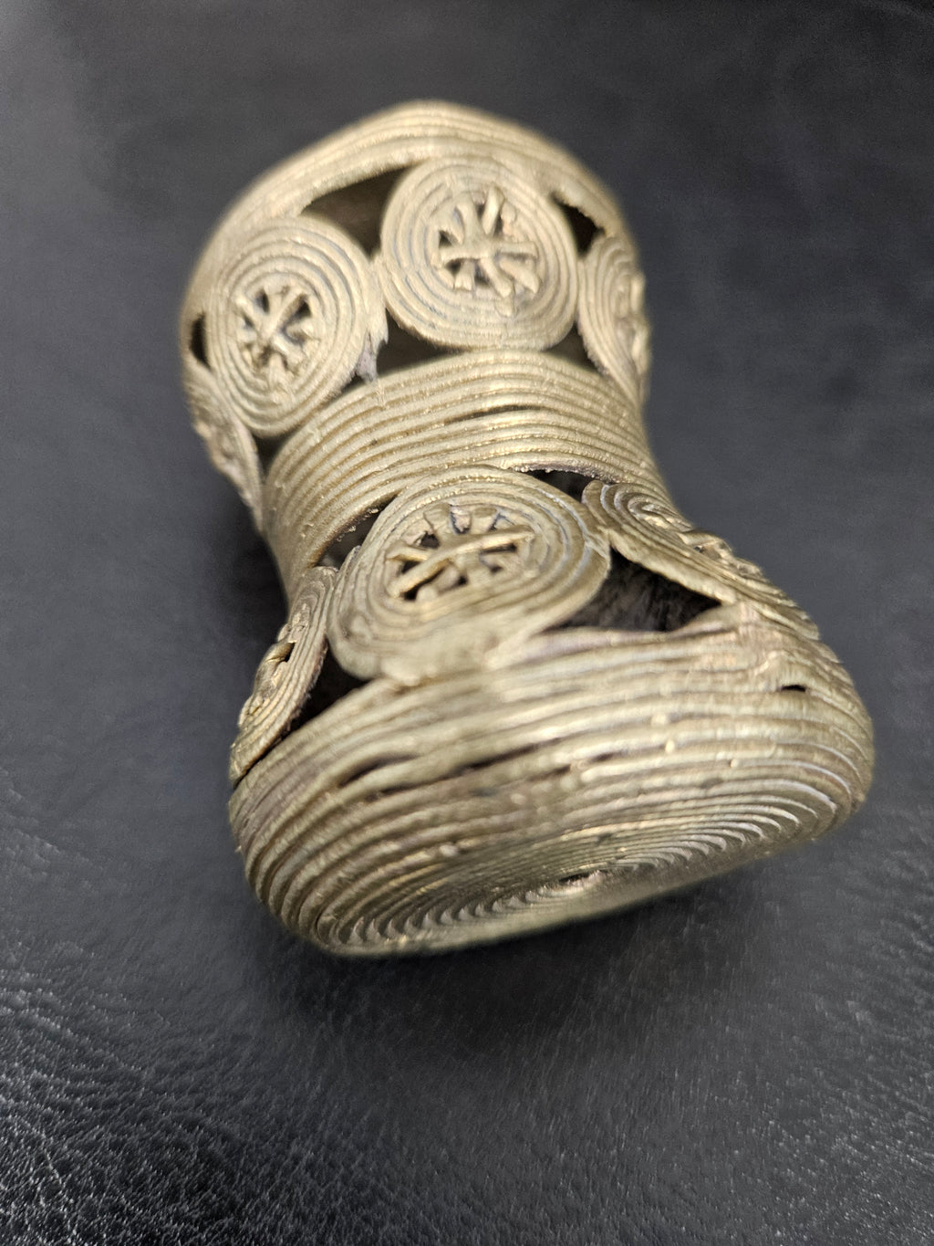 Oversized Ashanti Brass Talking Drum Pendant — Circular Openwork Design