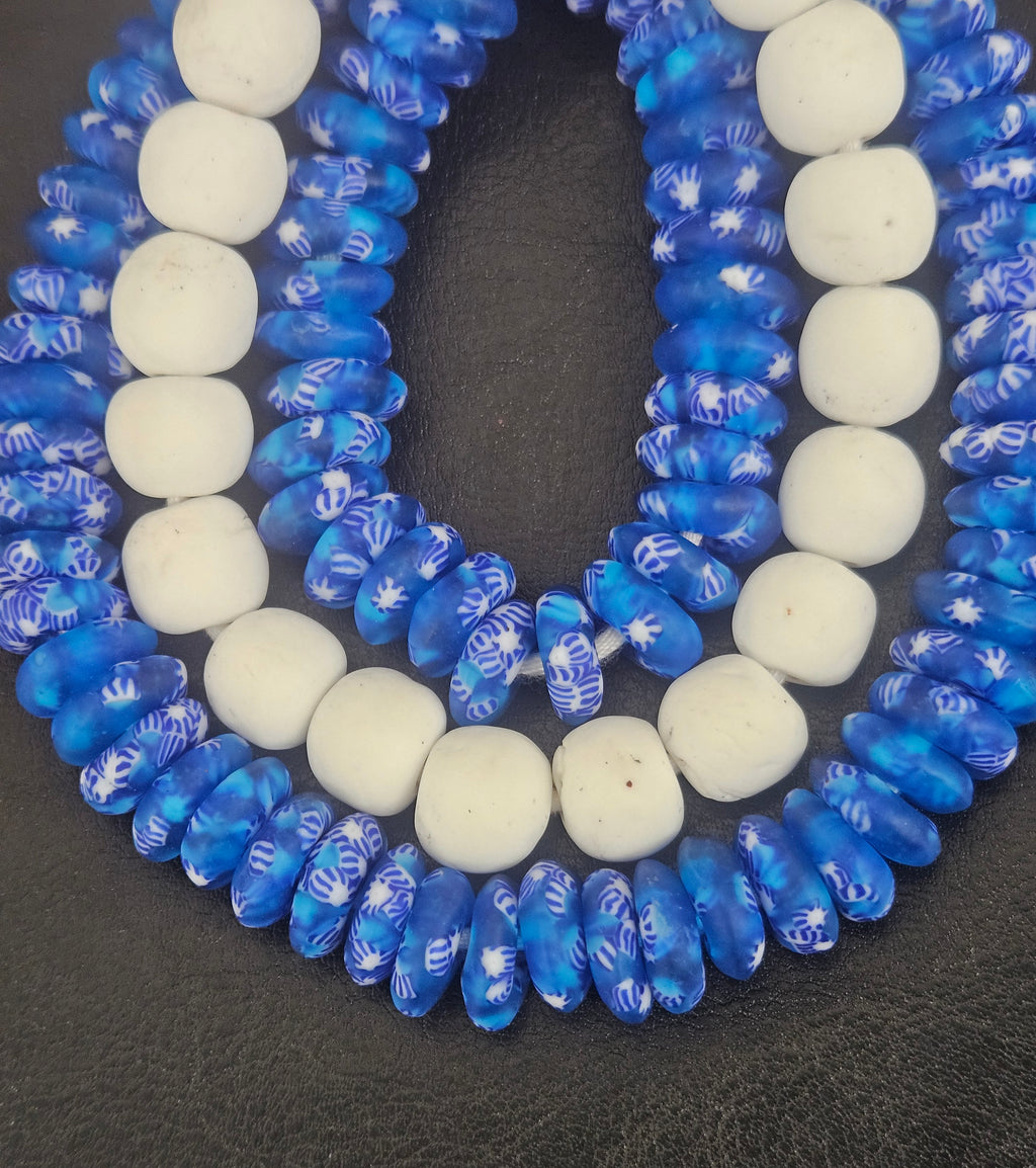 Blue & White African Glass Bead Bundle: Hand-Painted Krobo Rondelle and White Pocket Beads from Ghana