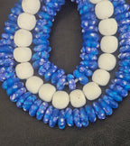 Blue & White African Glass Bead Bundle: Hand-Painted Krobo Rondelle and White Pocket Beads from Ghana