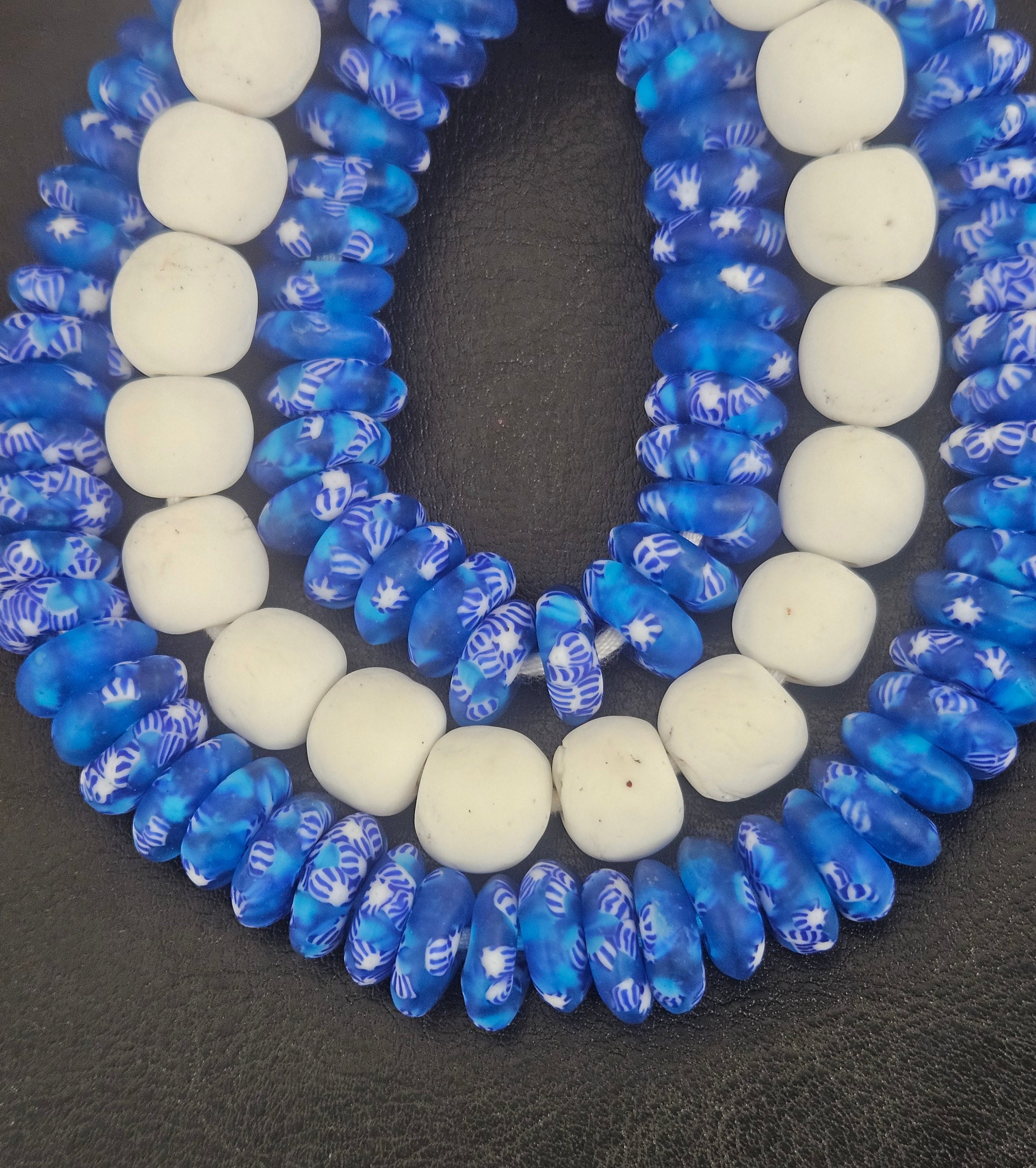 Blue & White African Glass Bead Bundle: Hand-Painted Krobo Rondelle and White Pocket Beads from Ghana