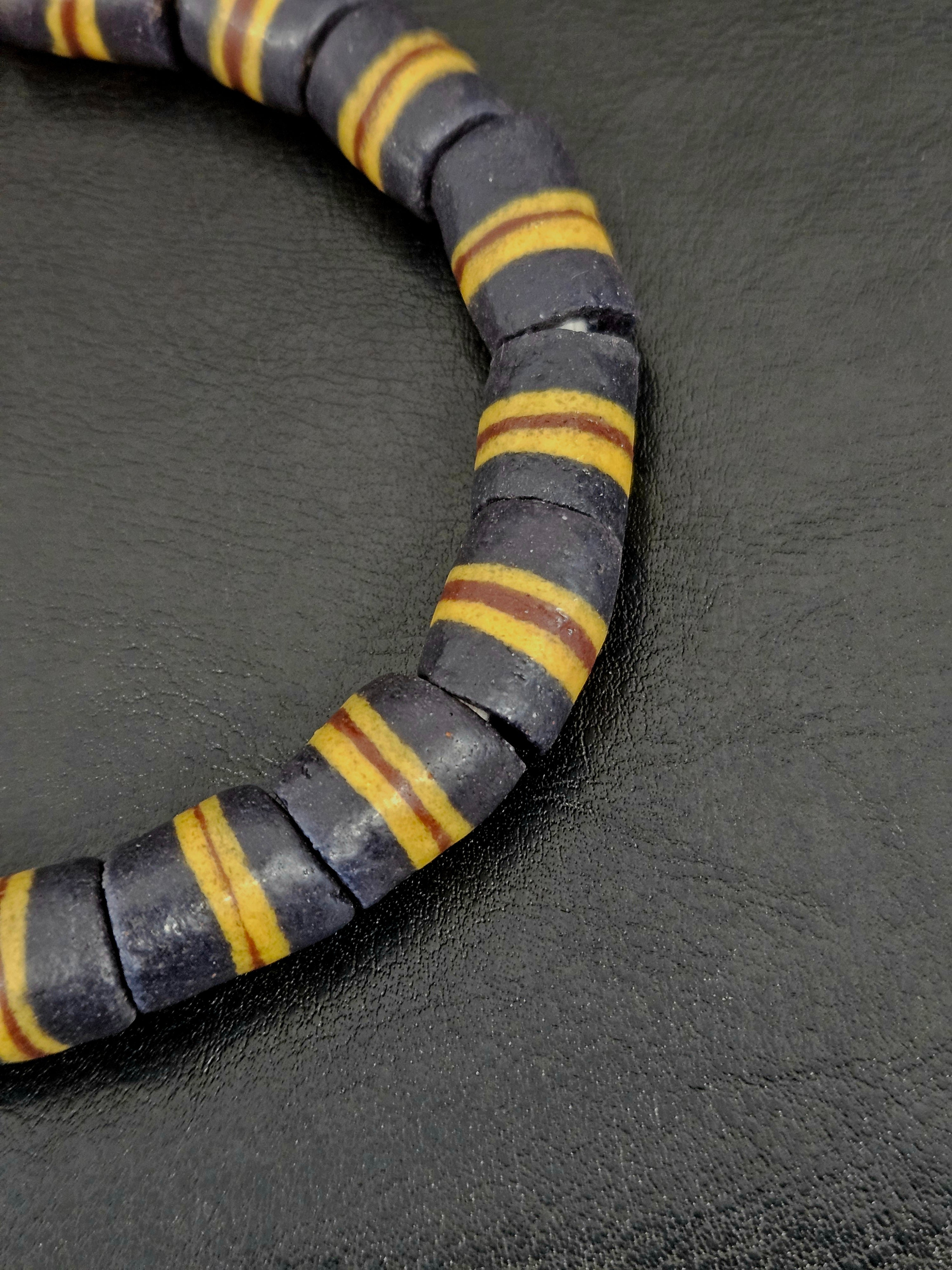 Black Striped Krobo Kente Glass Beads | Handcrafted Powdered Glass Beads from Ghana | Approx. 17 Beads
