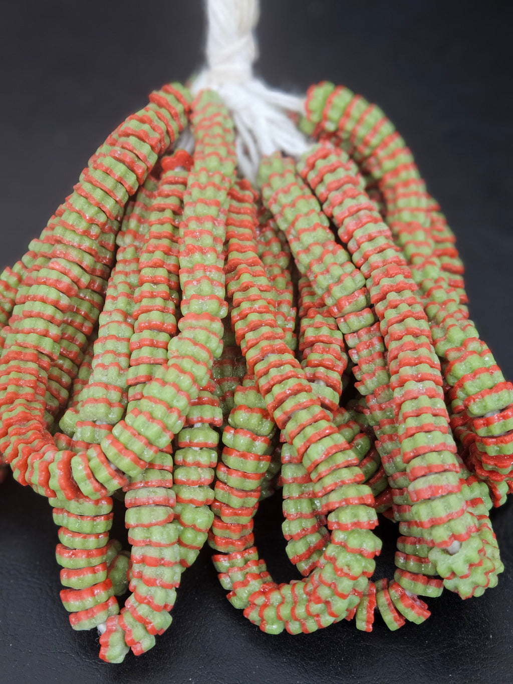 Striped Krobo Glass Spacer Beads – Green & Coral Red | Handmade Recycled Glass Beads | Ghana Artisan Craft