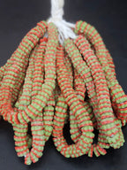 Striped Krobo Glass Spacer Beads – Green & Coral Red | Handmade Recycled Glass Beads | Ghana Artisan Craft