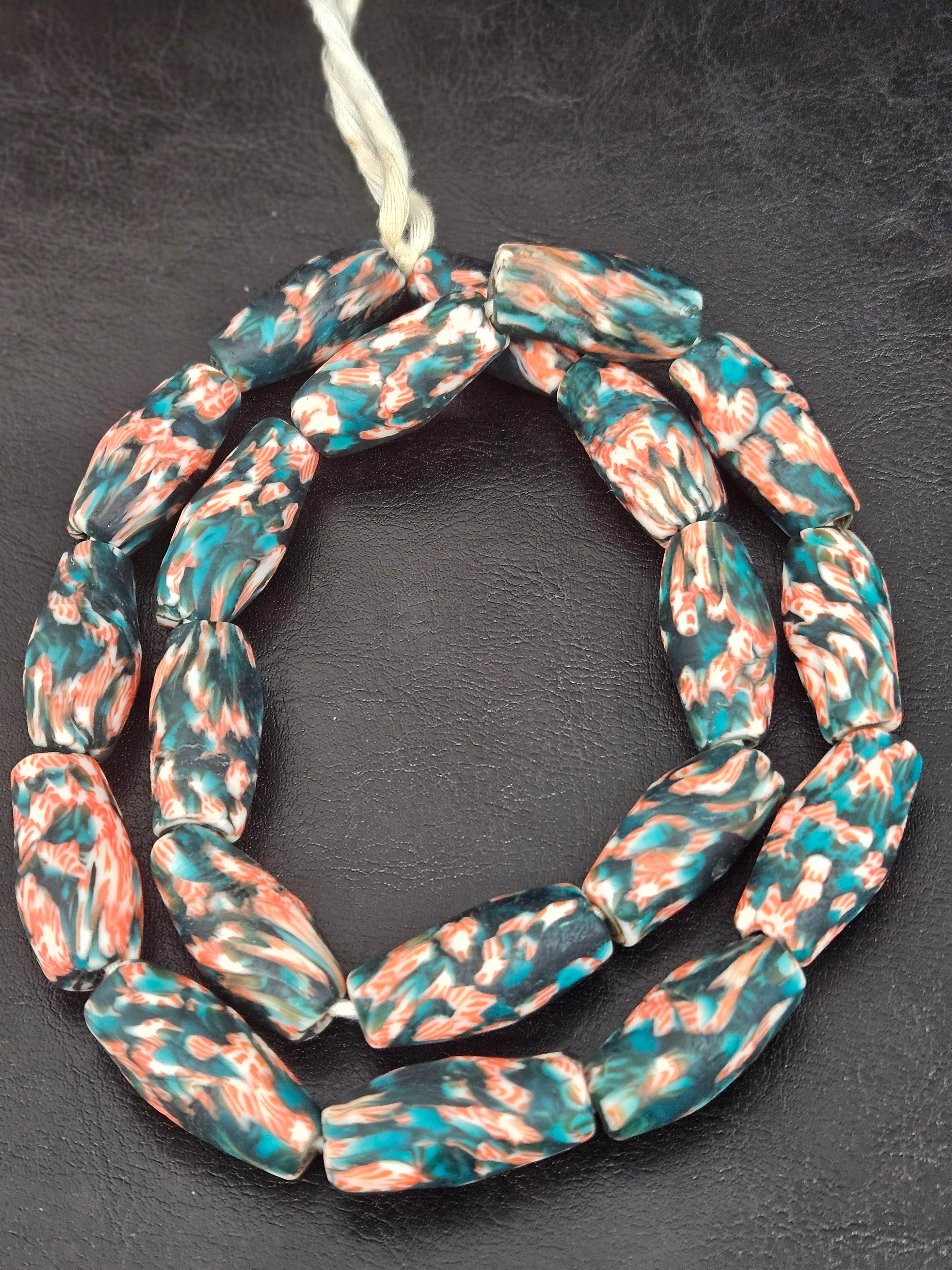 XL Teal & Coral Fused Krobo Recycled Glass Beads | Handmade Ghana Statement Beads