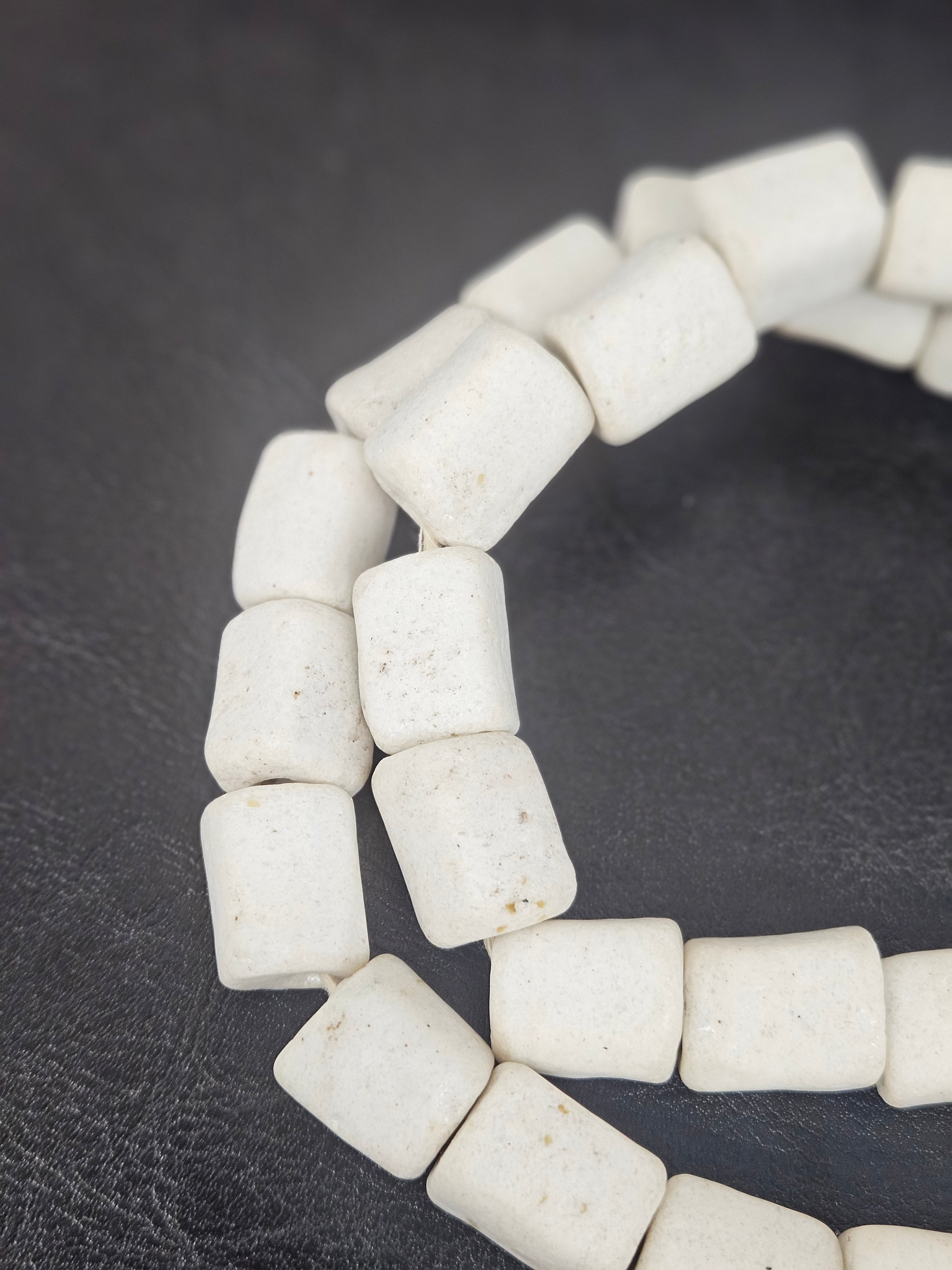 Classic Ivory Cube Tube Krobo Powdered Glass Beads | Handmade Recycled Glass Beads from Ghana | 30–32 Beads