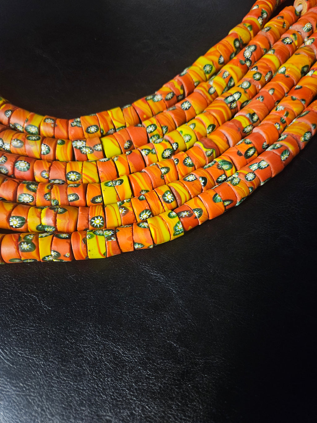 Orange Floral Trade Beads – Multicolor Pattern 8–12 × 14–15mm
