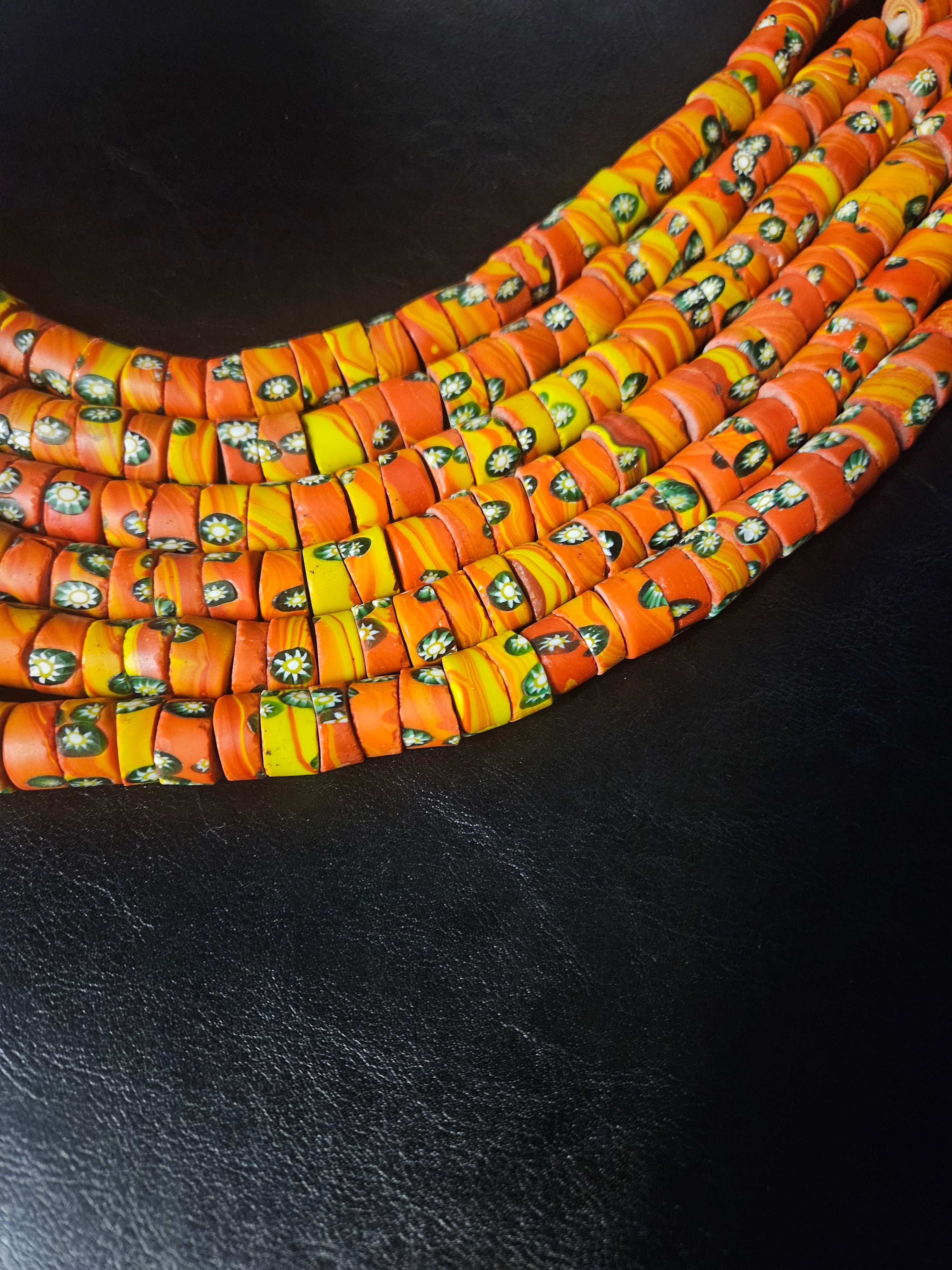 Orange Floral Trade Beads – Multicolor Pattern 8–12 × 14–15mm