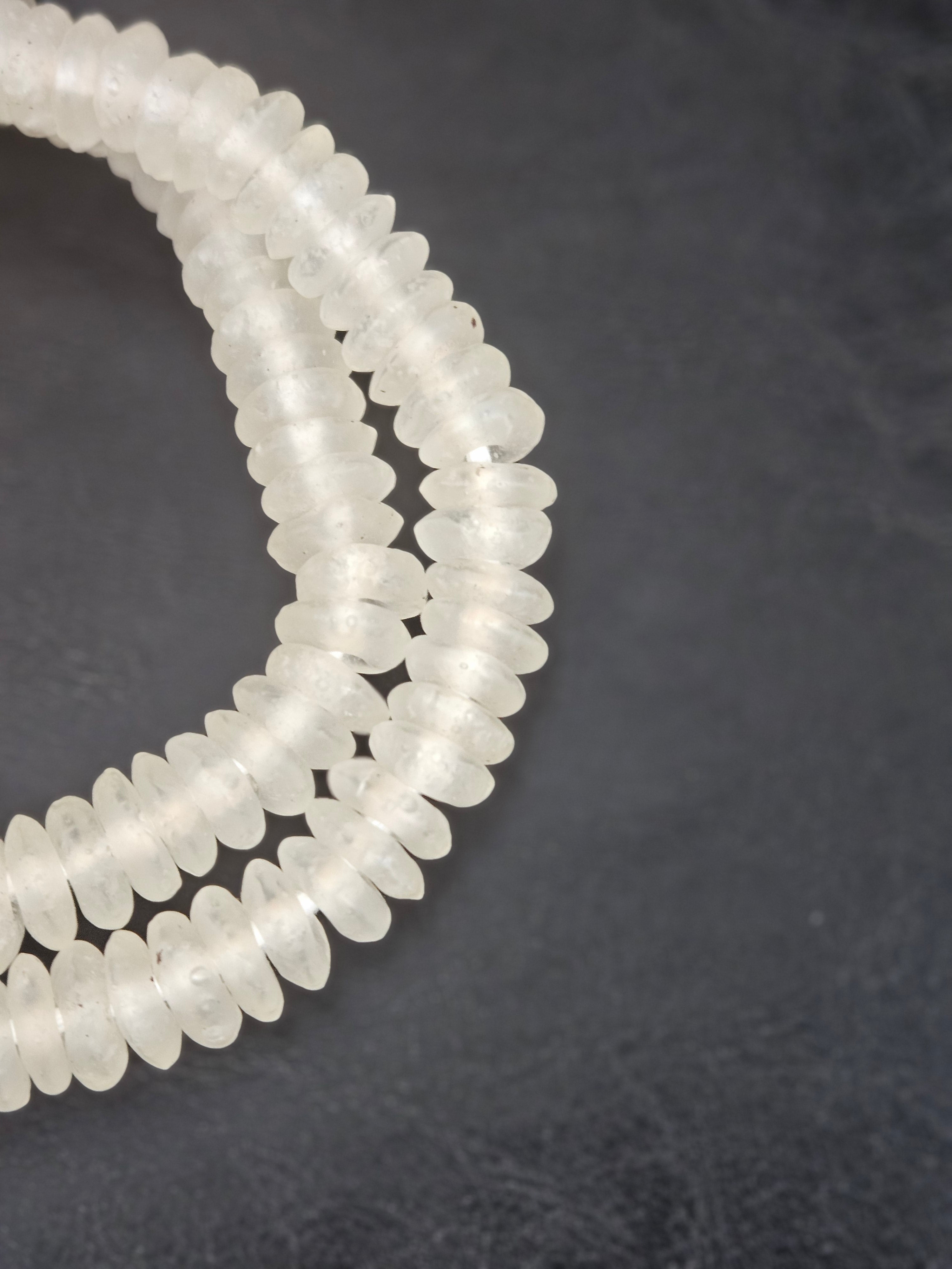 Crystal White Krobo Translucent Recycled Glass Rondelle Beads | Sustainable Handmade Designer Beads