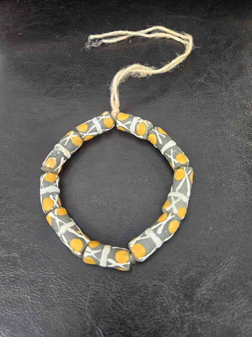 African Glass Beads – Painted Krobo Long Tubes, Green & Gold
