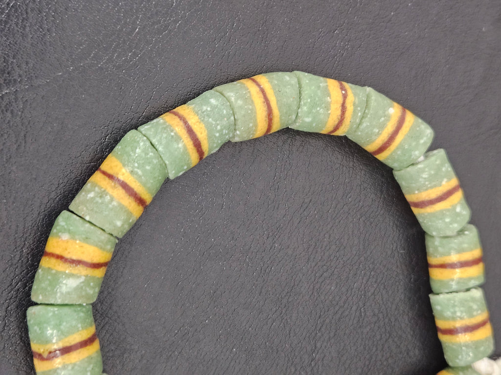 Green Striped Krobo Kente Glass Beads | Handcrafted Powdered Glass Beads from Ghana | Approx. 17 Beads