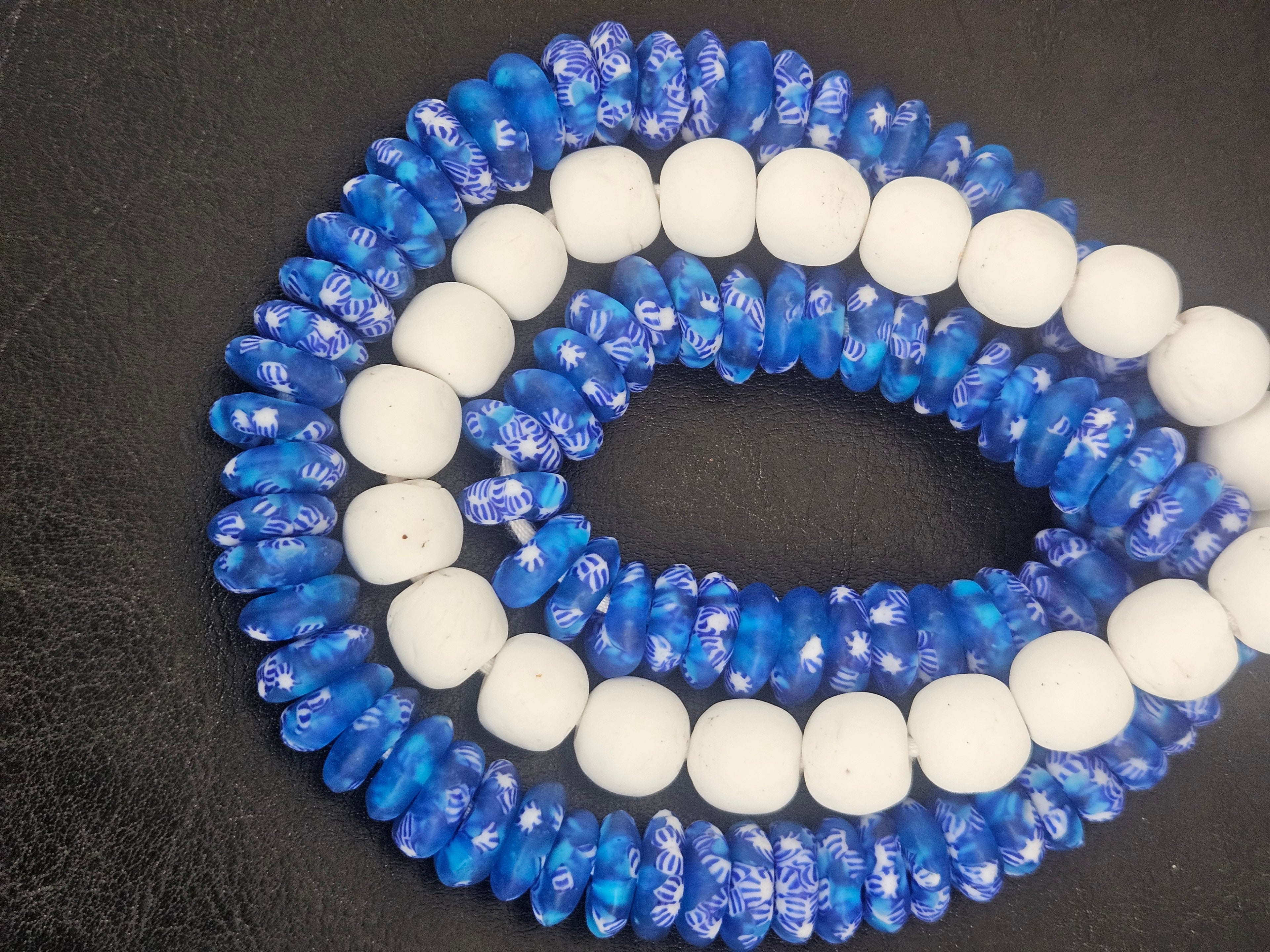 Blue & White African Glass Bead Bundle: Hand-Painted Krobo Rondelle and White Pocket Beads from Ghana