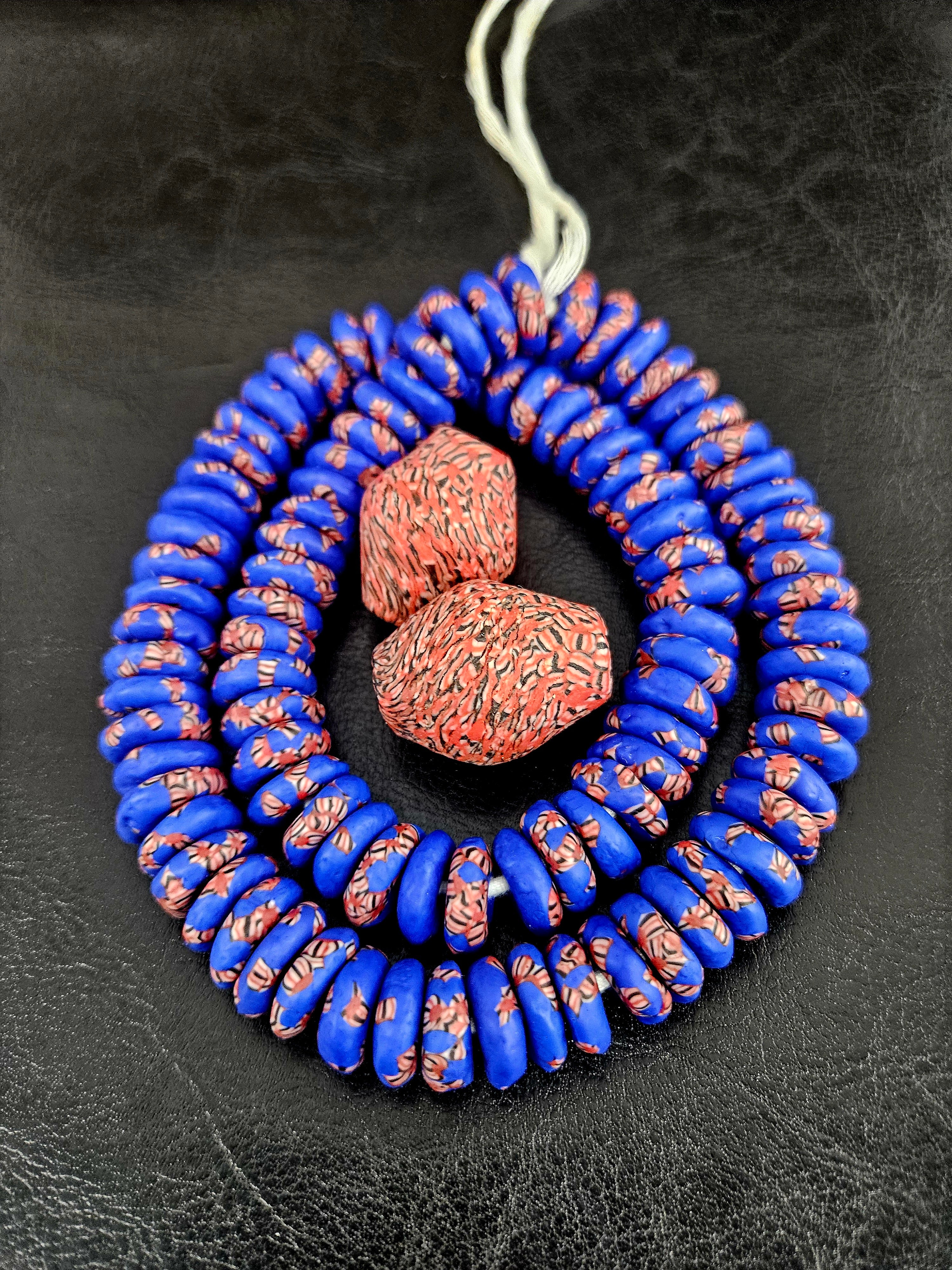 African Glass Bead Bundle – Cobalt Krobo Fused Rondelles + 2 Focal Beads