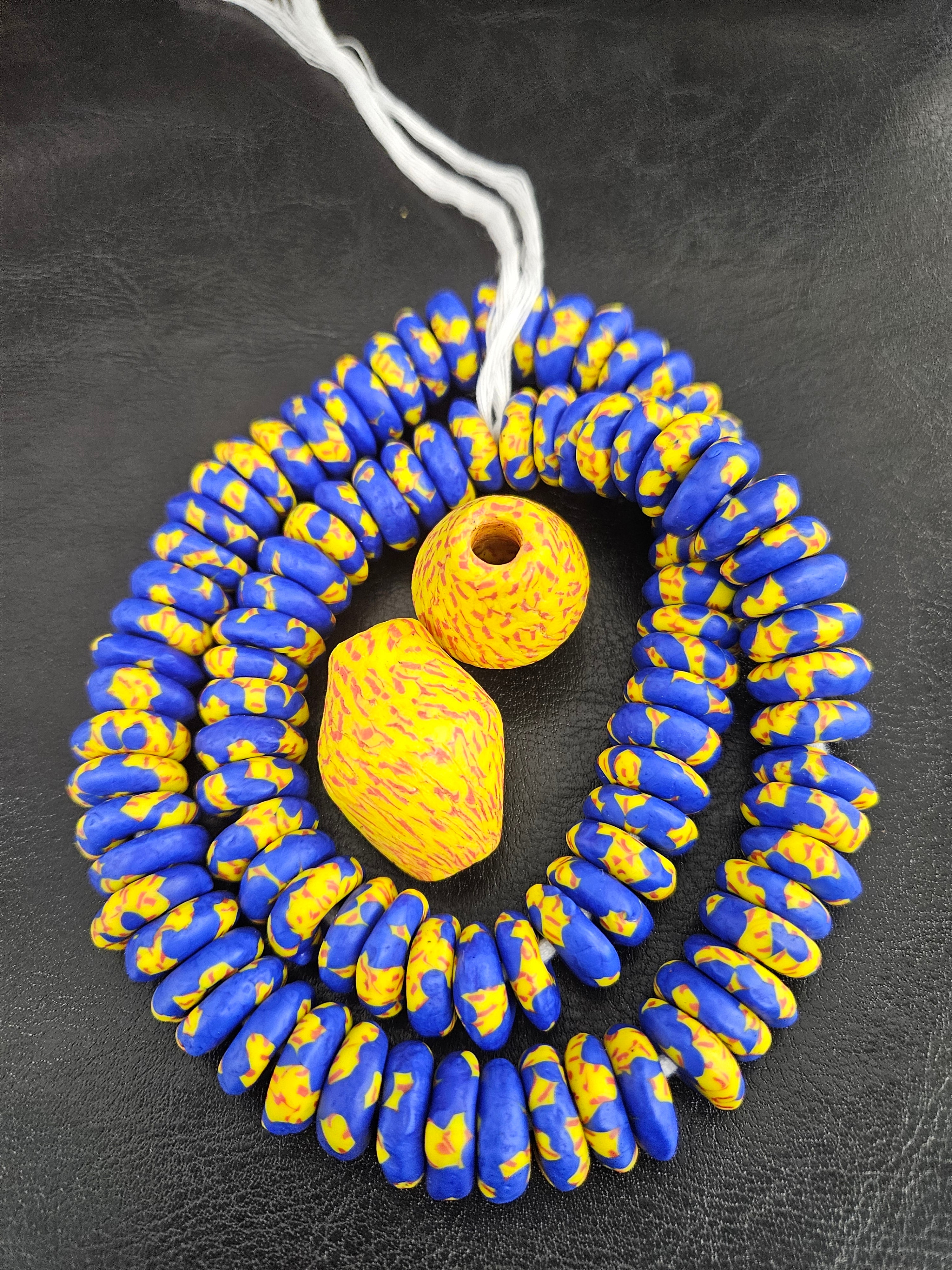 Blue African Beads Bundle – Krobo Glass Rondelles + Yellow Bicone Focals