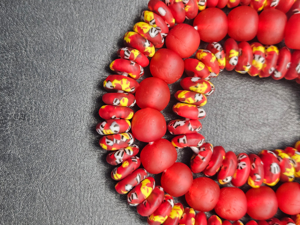 Red African Glass Bead Bundle: Hand-Painted Krobo Rondelle & Round Pocket Glass Beads from Ghana
