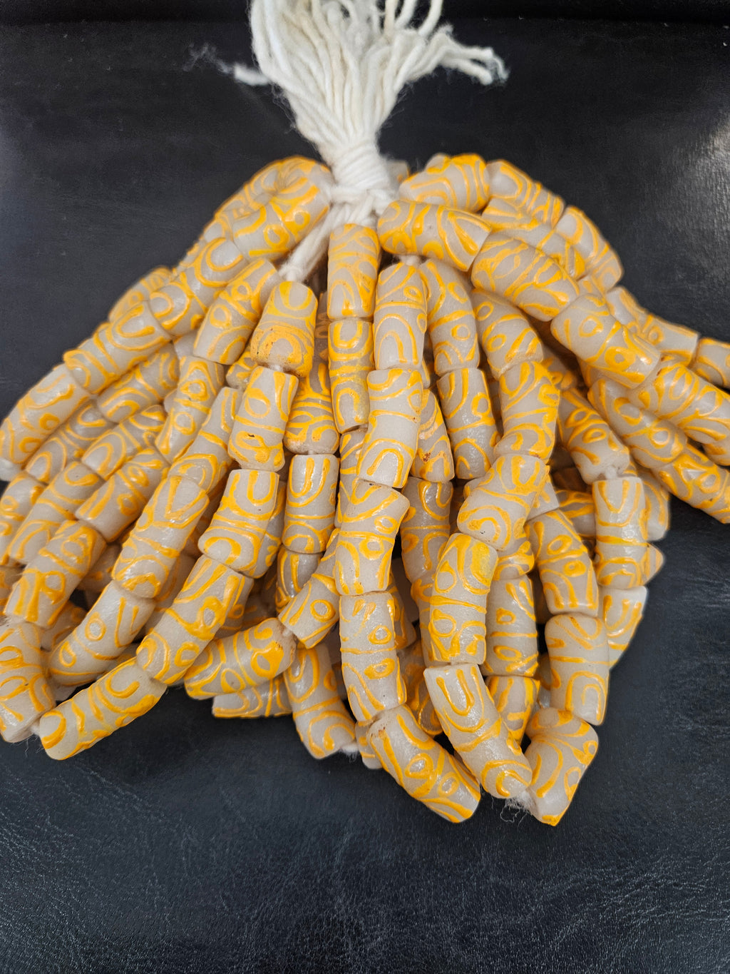 African Glass Beads – Painted Krobo Long Tubes, Frosty White & Gold Beads