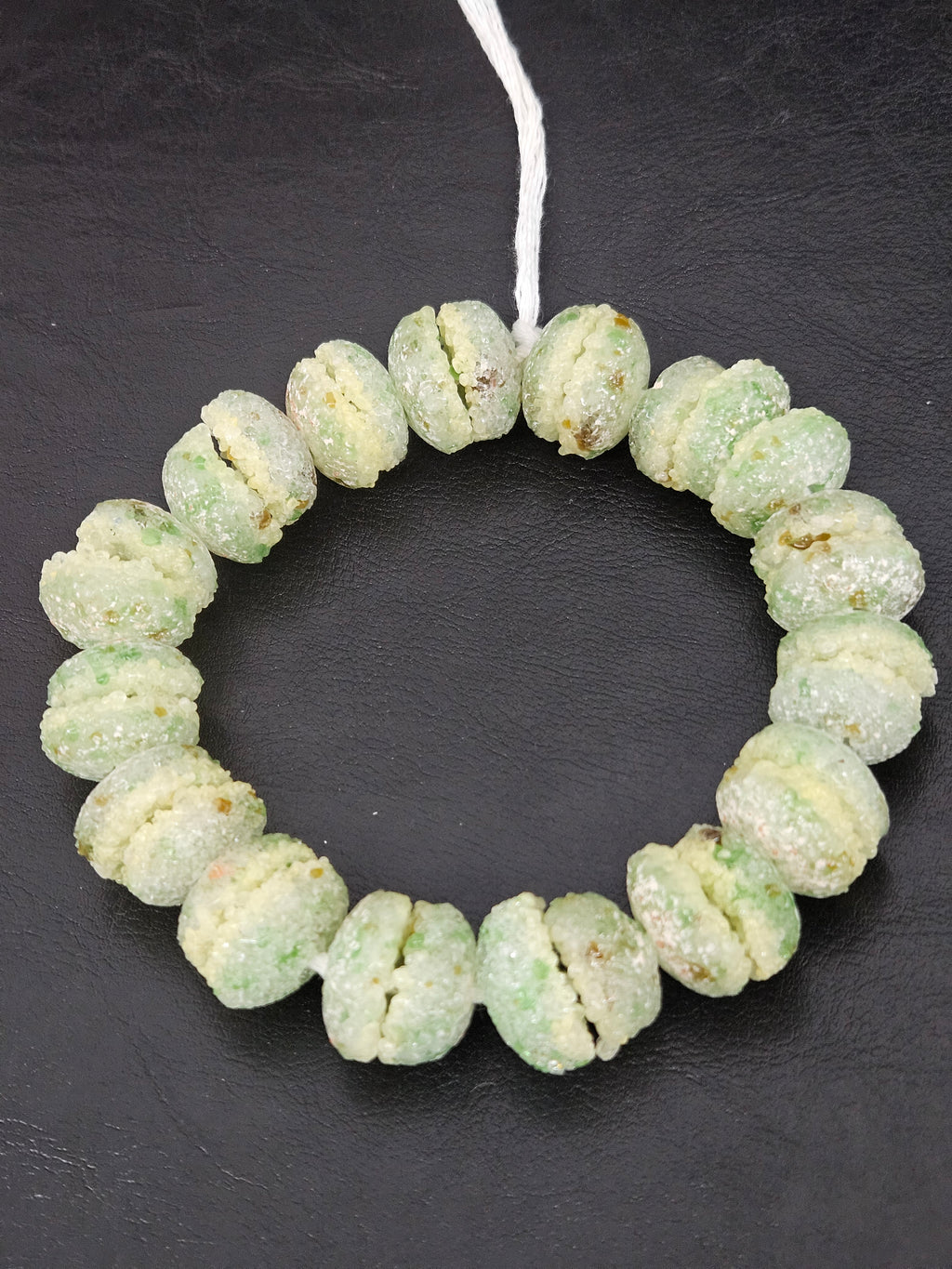 Green & Ivory Krobo Sugar Glass Rondelle Beads | Handcrafted Recycled Glass Beads from Ghana | Approx. 30 Beads Per Strand