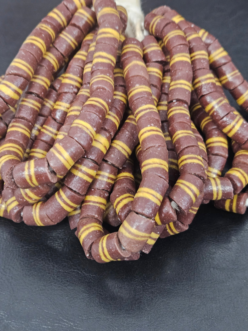 Brown Striped Krobo Kente Glass Beads | Handcrafted Powdered Glass Beads from Ghana | Approx. 17 Beads