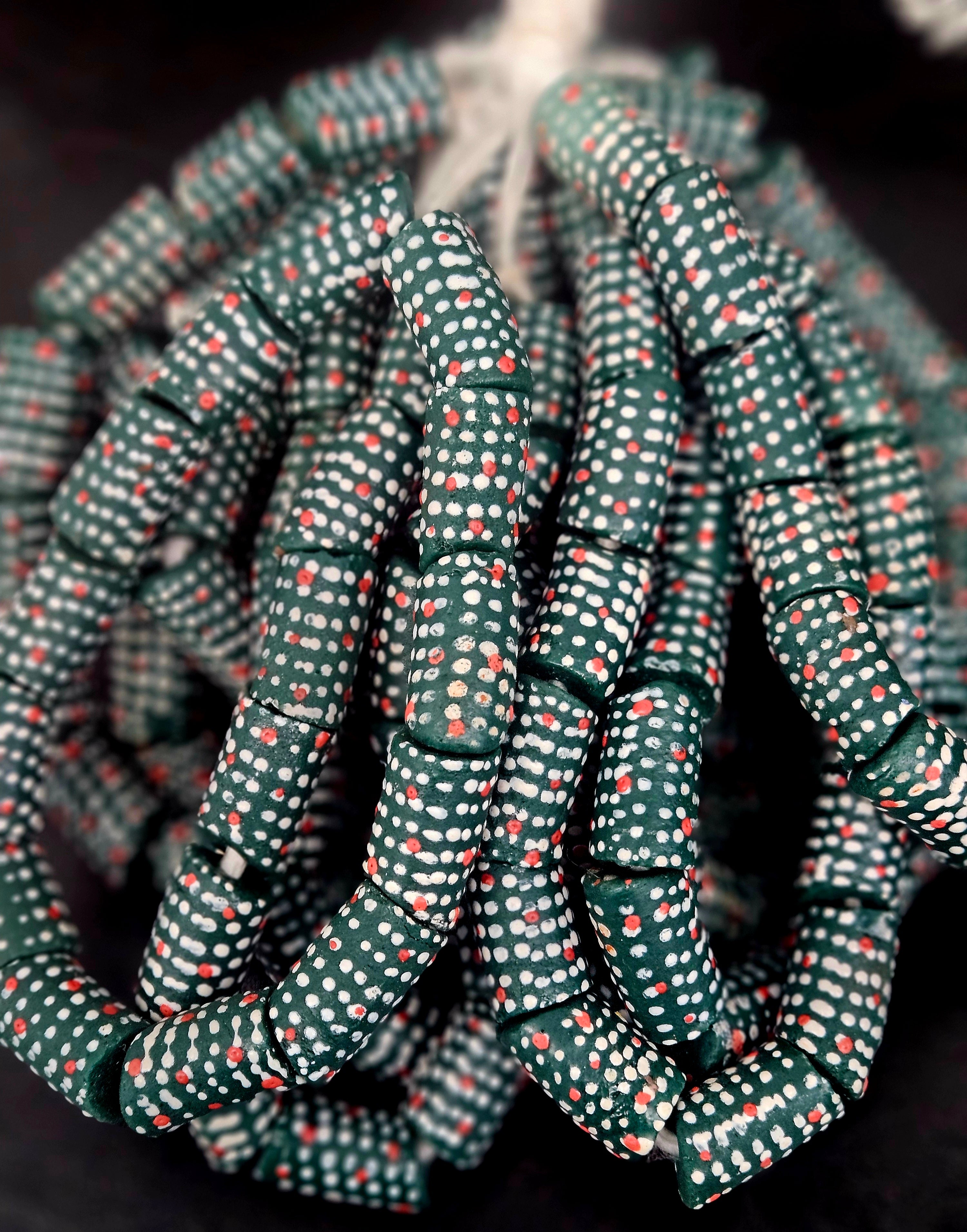Painted Krobo Glass Beads | Green Red & White Polka Dot Long Tube Beads | Handcrafted Ghana Recycled Glass Beads