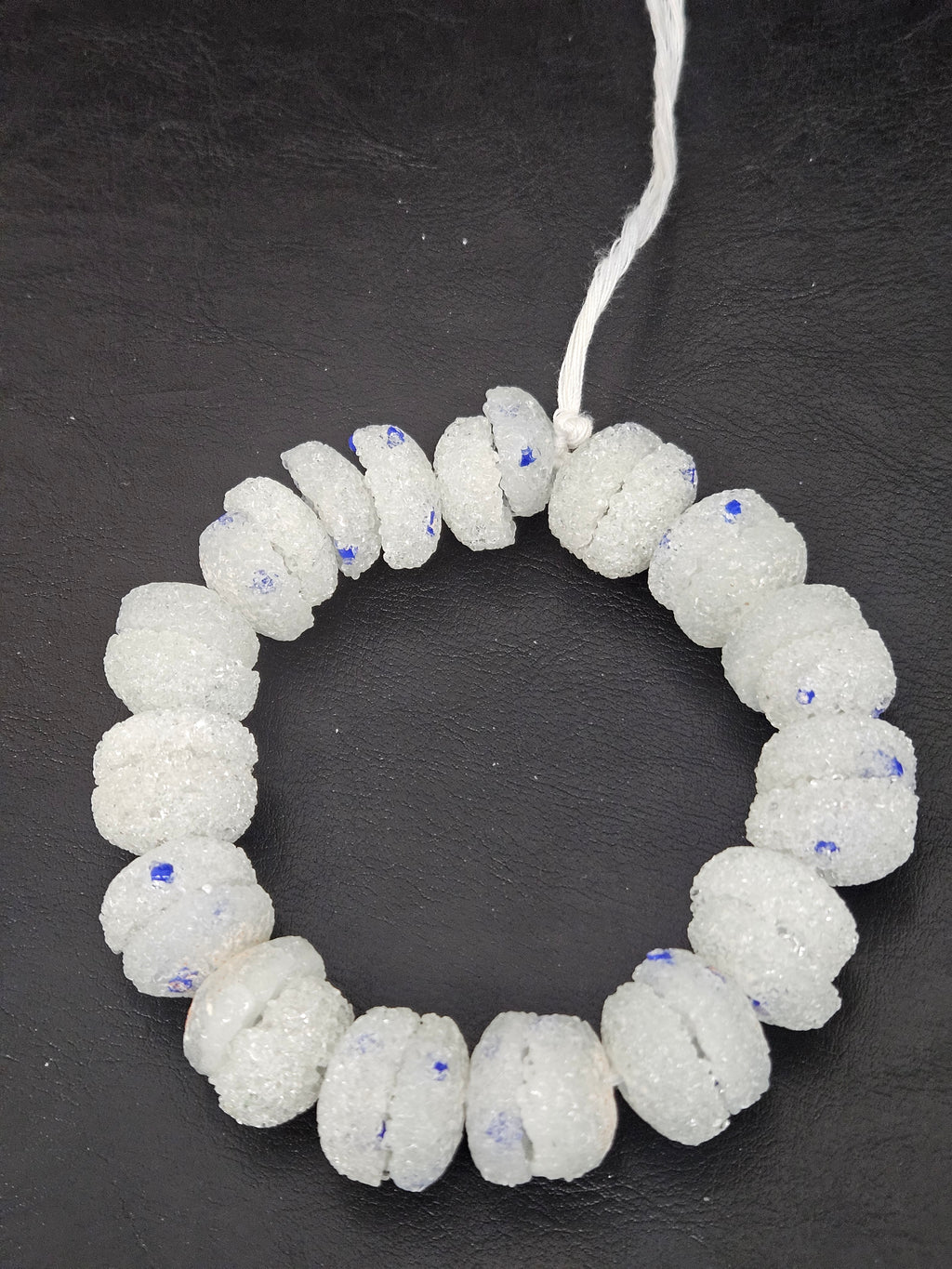 White & Blue Speckled Krobo Sugar Glass Rondelle Beads | Handcrafted Recycled Glass Beads from Ghana | Approx. 30 Beads Per Strand