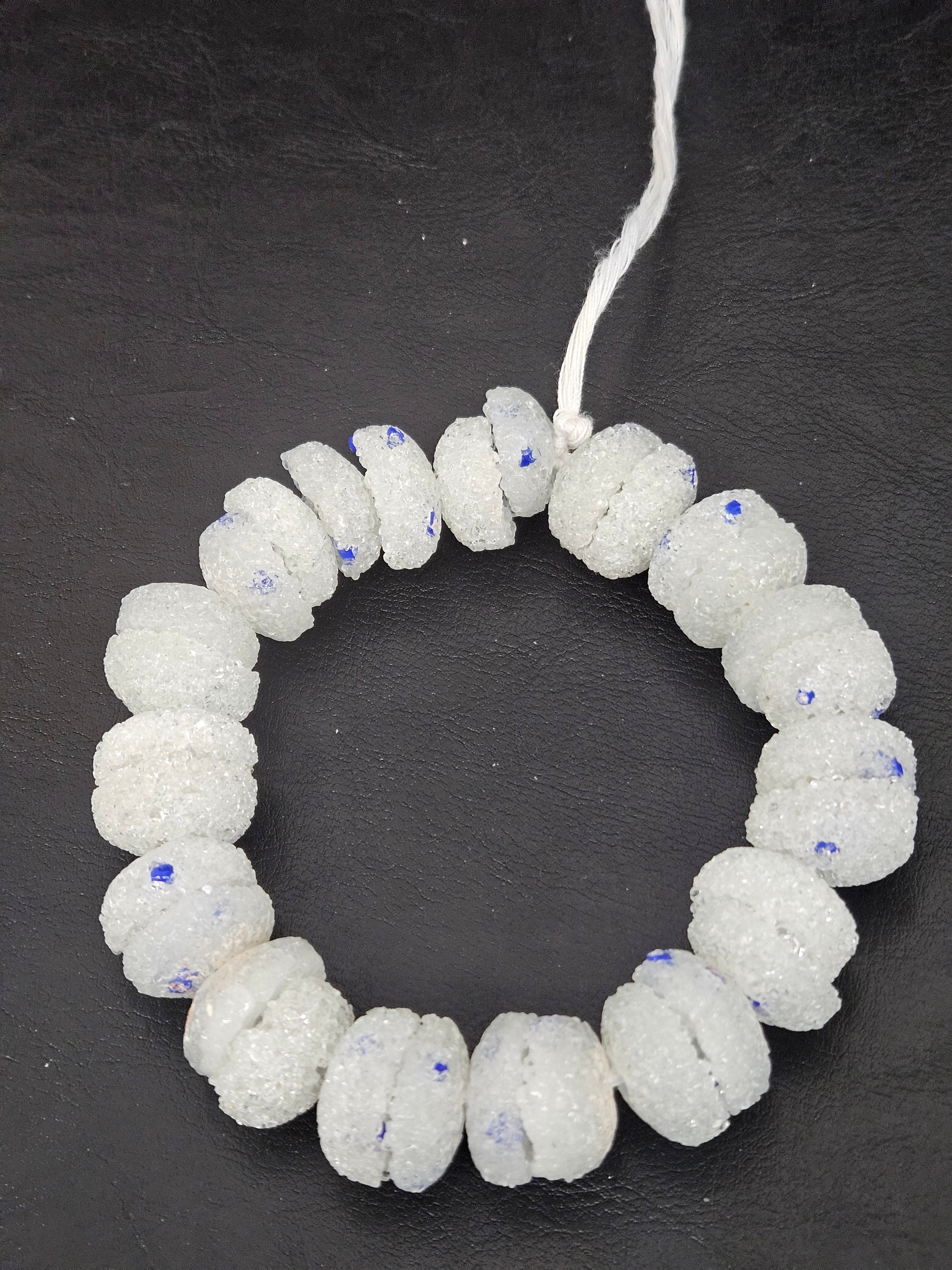 White & Blue Speckled Krobo Sugar Glass Rondelle Beads | Handcrafted Recycled Glass Beads from Ghana | Approx. 30 Beads Per Strand