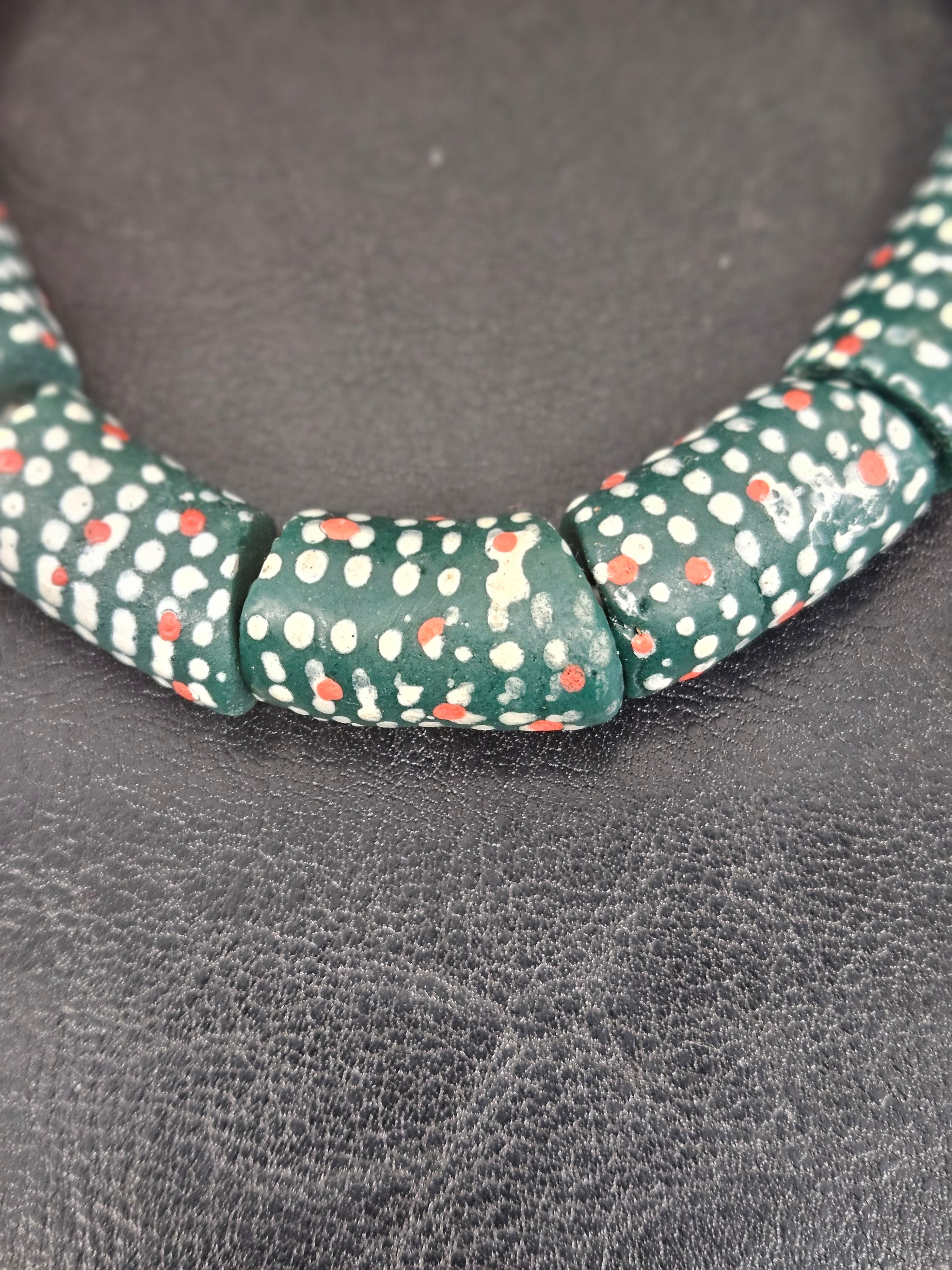 Painted Krobo Glass Beads | Green Red & White Polka Dot Long Tube Beads | Handcrafted Ghana Recycled Glass Beads