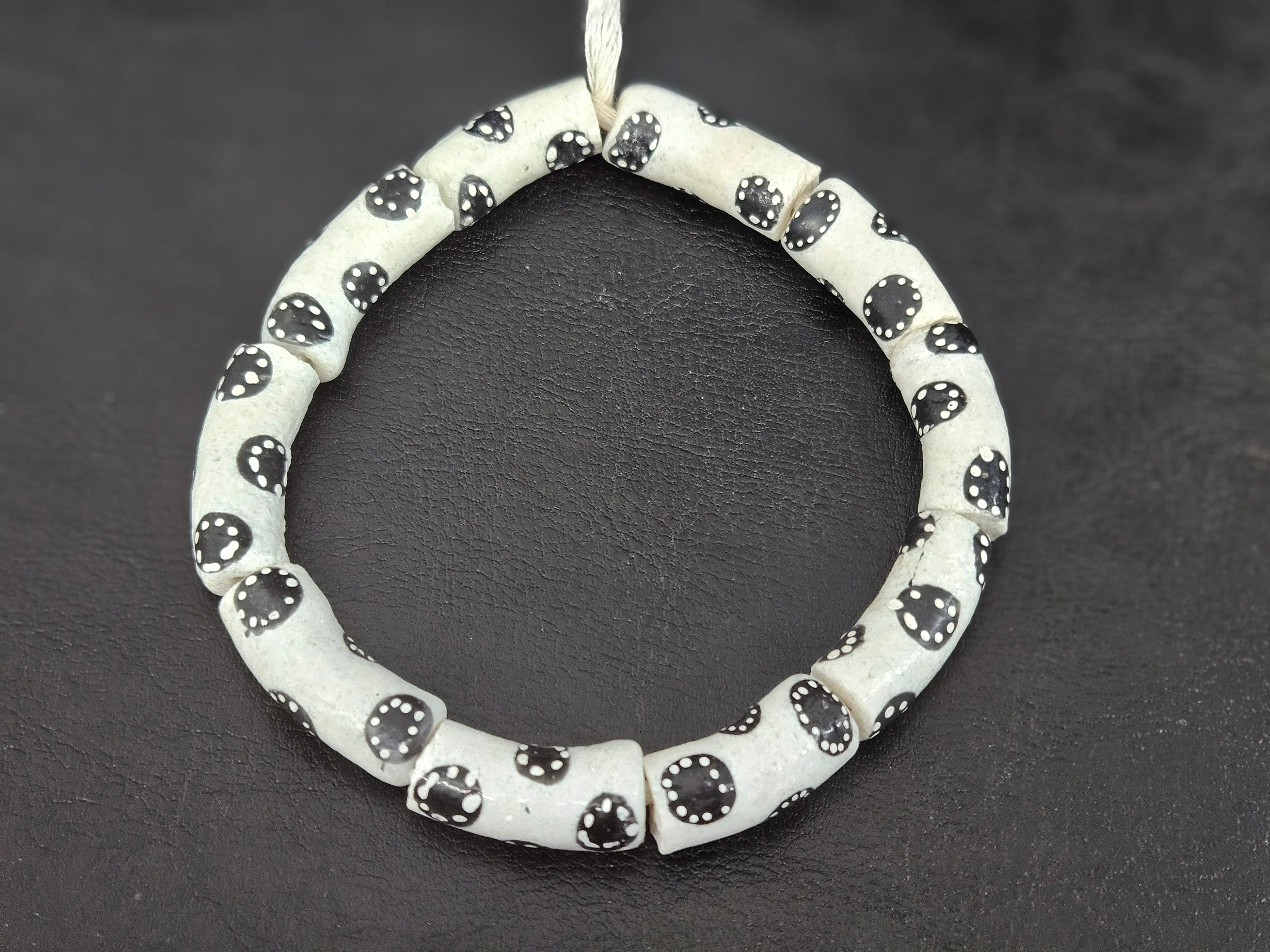 Ivory White Krobo Painted Glass Tube Beads with Ebony Black Medallion Motifs