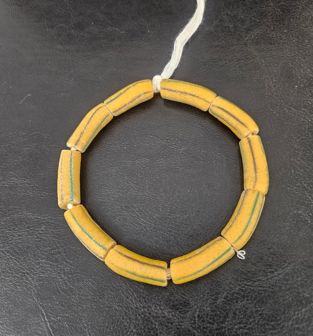 African Glass Beads – Painted Krobo Long Tubes, Mustard & Green Handmade Beads