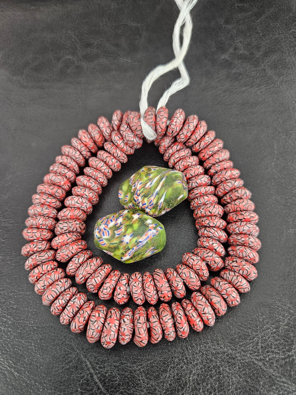 African Glass Bead Bundle – Coral Krobo Rondelles + Green Focal Beads