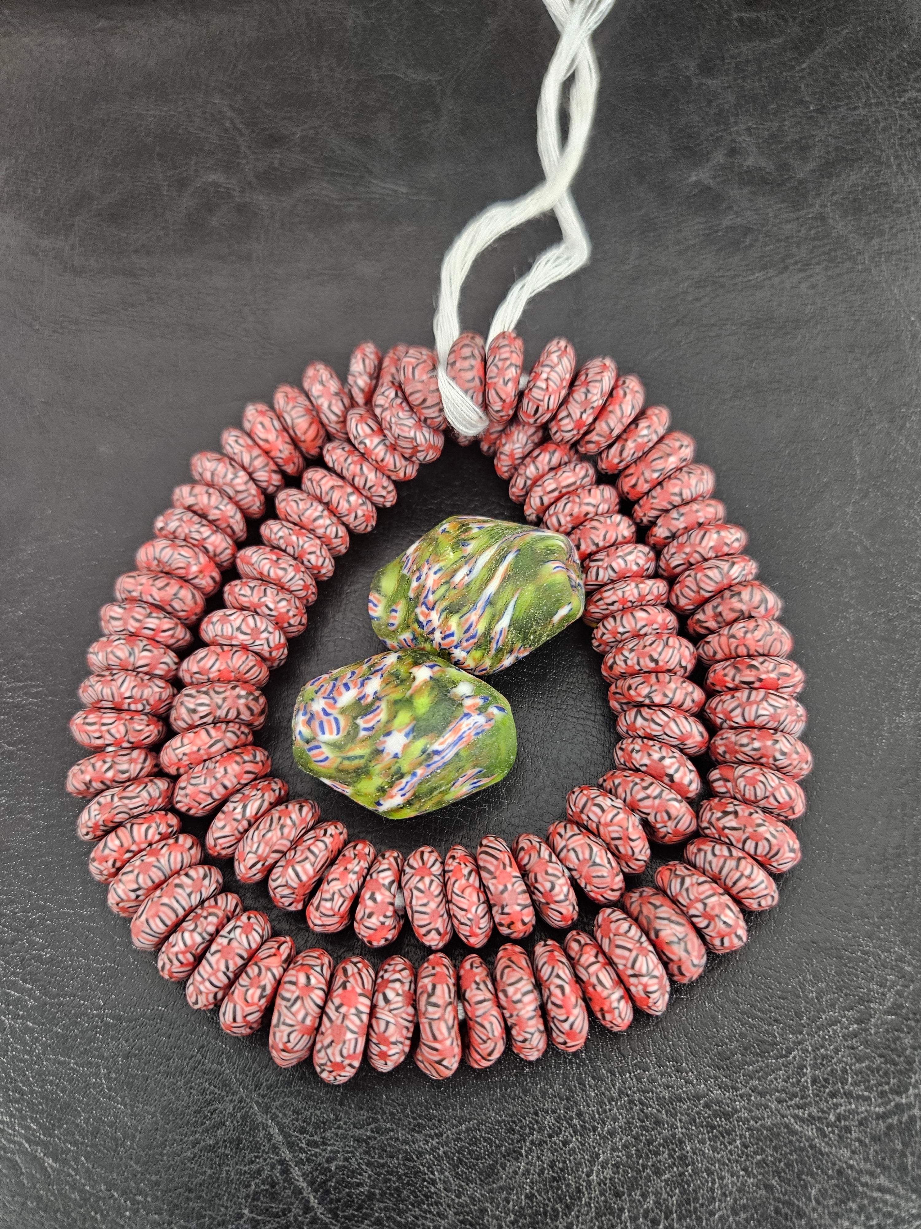 African Glass Bead Bundle – Coral Krobo Rondelles + Green Focal Beads