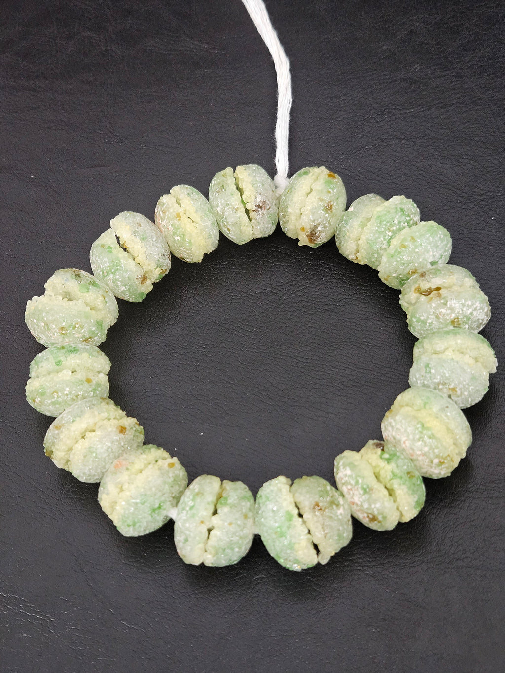 Green & Ivory Krobo Sugar Glass Rondelle Beads | Handcrafted Recycled Glass Beads from Ghana | Approx. 30 Beads Per Strand
