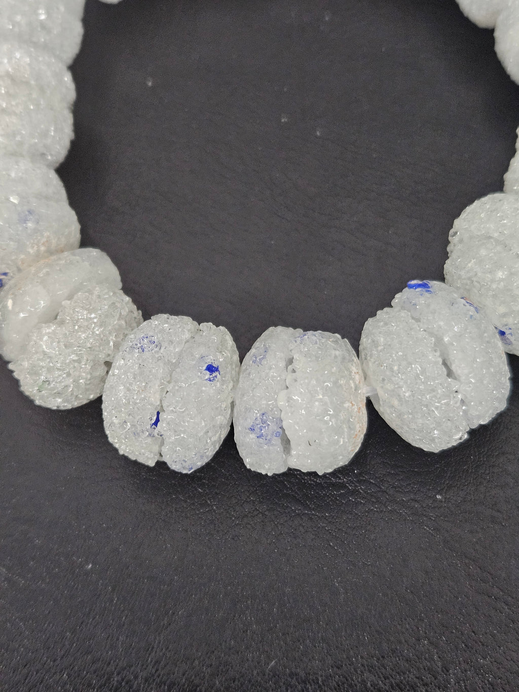 White & Blue Speckled Krobo Sugar Glass Rondelle Beads | Handcrafted Recycled Glass Beads from Ghana | Approx. 30 Beads Per Strand