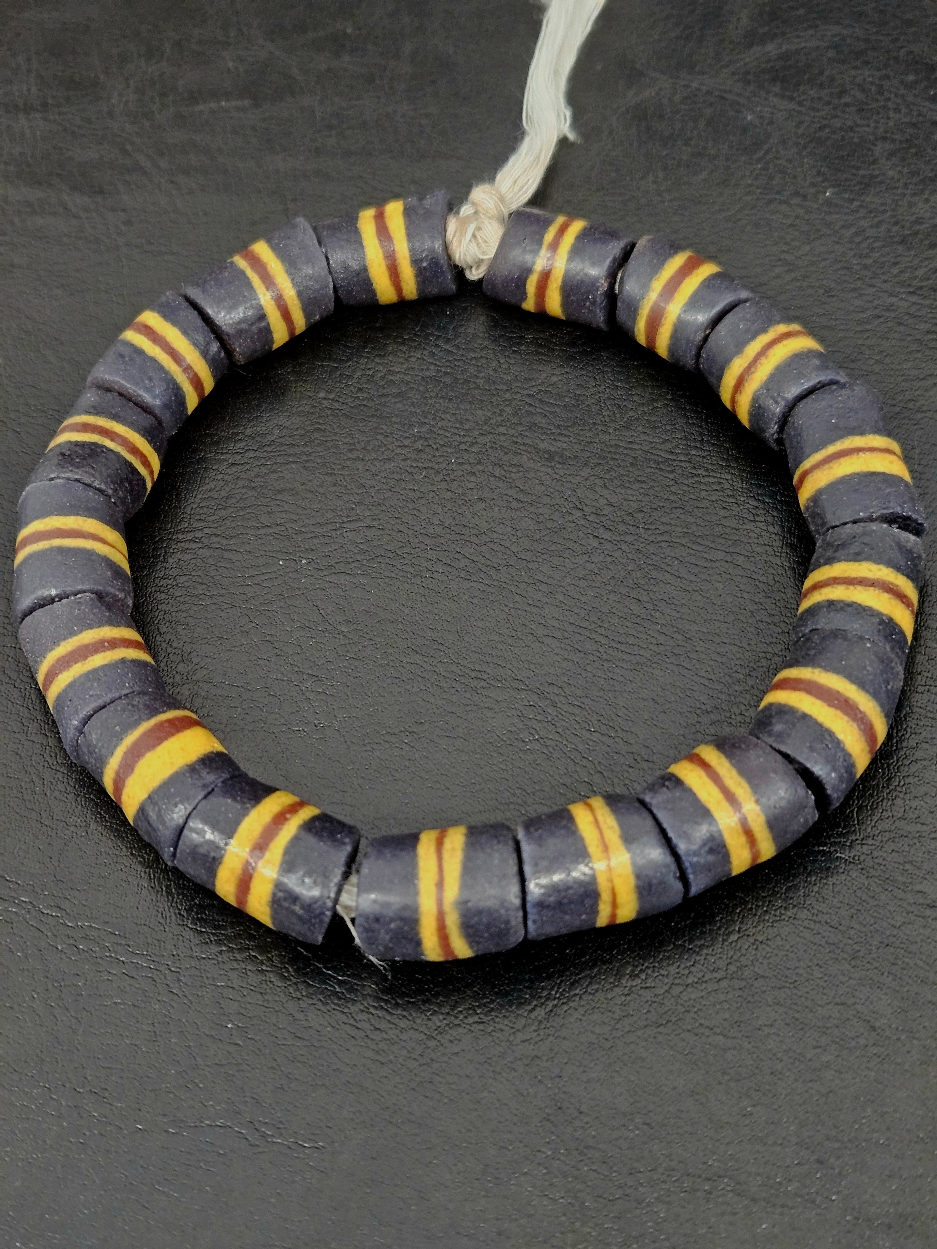 Black Striped Krobo Kente Glass Beads | Handcrafted Powdered Glass Beads from Ghana | Approx. 17 Beads