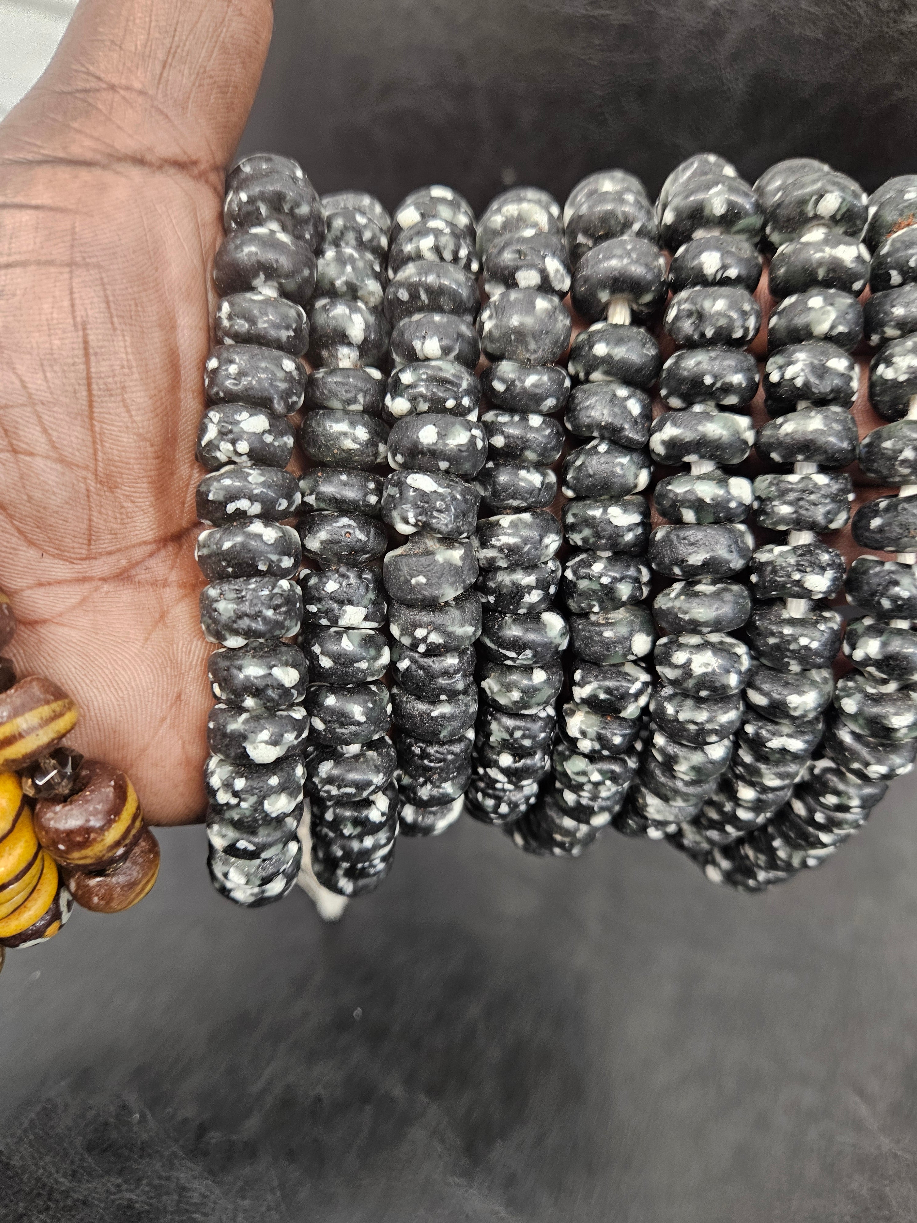 Black Speckled Krobo Powdered Glass Short Tube Beads | 7–9 × 13–14mm | Ghana | Approx. 32–33 Beads
